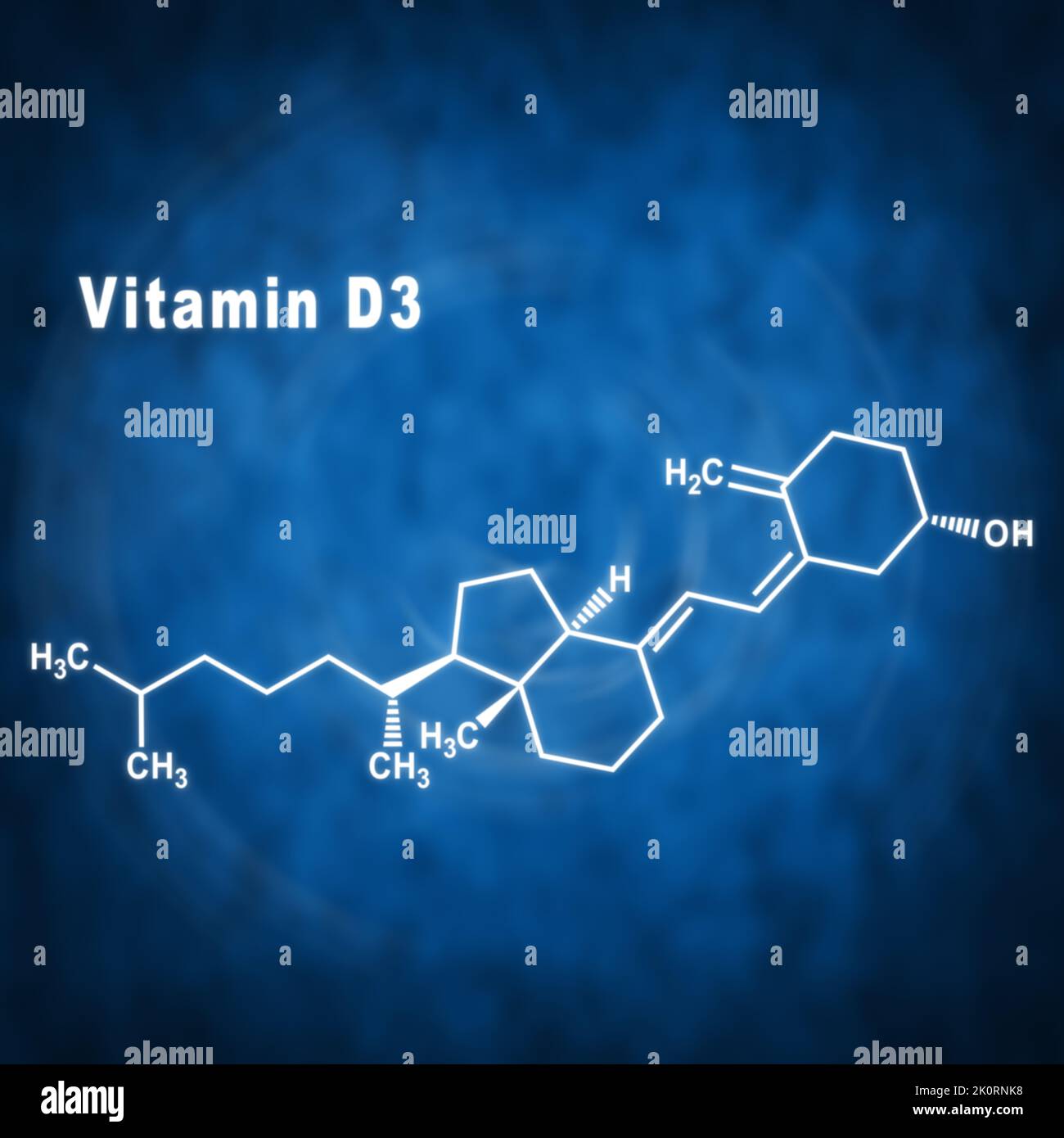 Vitamina D3, formula chimica strutturale su sfondo blu Foto Stock