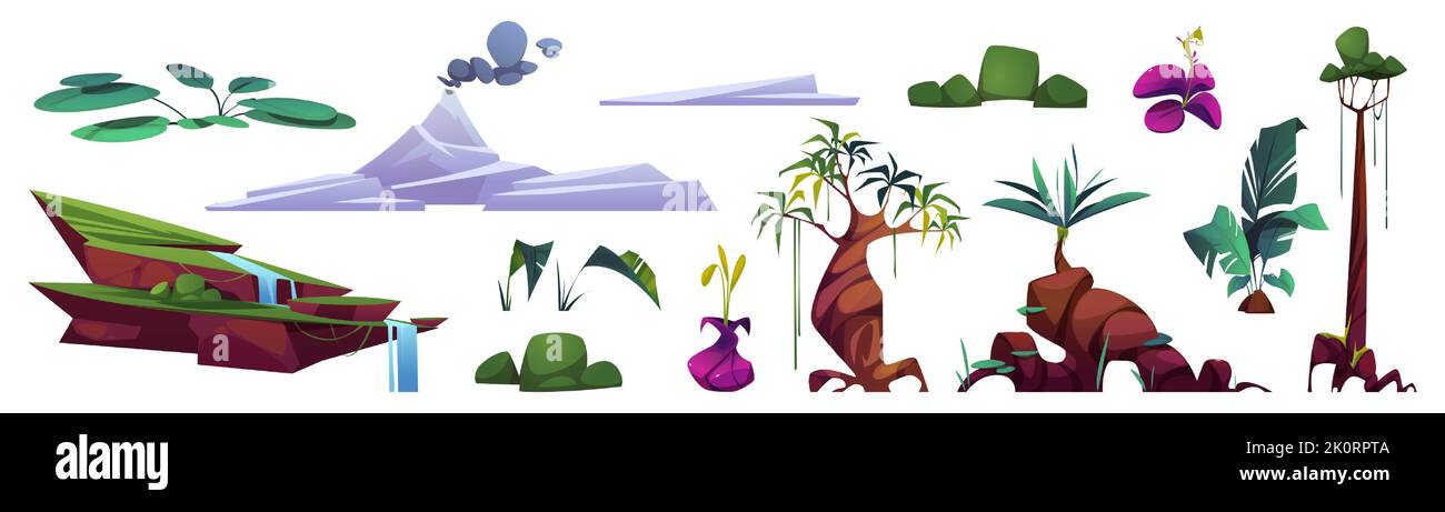 Elementi paesaggistici preistorici, costruttore di cartoni animati con piante tropicali, vulcano fumante, palme, viti, cascate e rocce isolate su sfondo bianco. Set vettoriale vegetazione era Jurassic Illustrazione Vettoriale