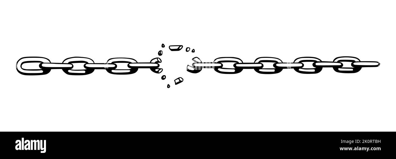 Catena spezzata con frantumazioni come simbolo di forza e libertà. Schizzo delle catene metalliche. Illustrazione vettoriale isolata su sfondo bianco Illustrazione Vettoriale