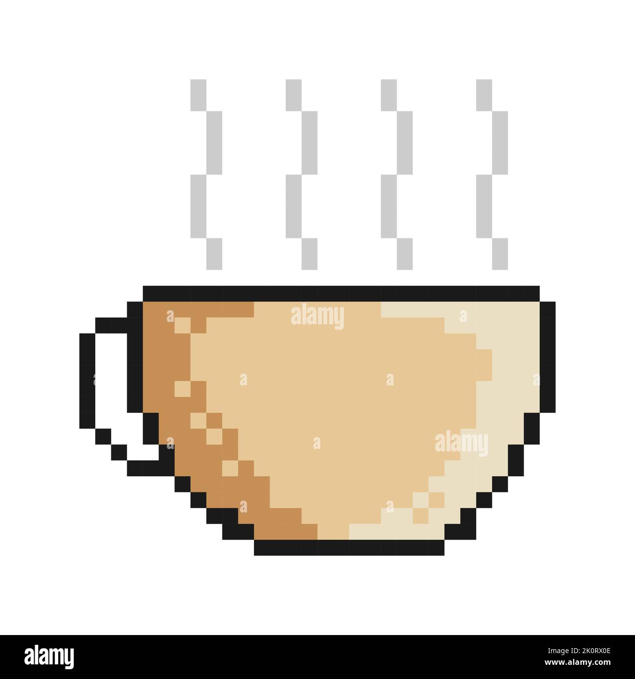 Icona pixel. Tazza di caffè con bevanda calda e vapore. Tè rinvigorente al mattino per un buon umore. Semplice vettore di gioco retrò isolato su sfondo bianco Illustrazione Vettoriale