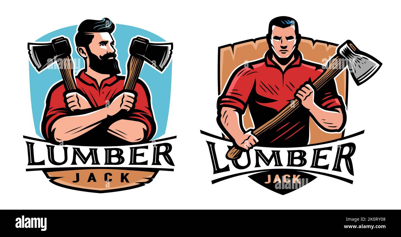 Lumberjack con stemma AX design e mascotte. Lavorazione del legno, etichetta dell'industria del legno. Illustrazione del vettore dei colori Illustrazione Vettoriale