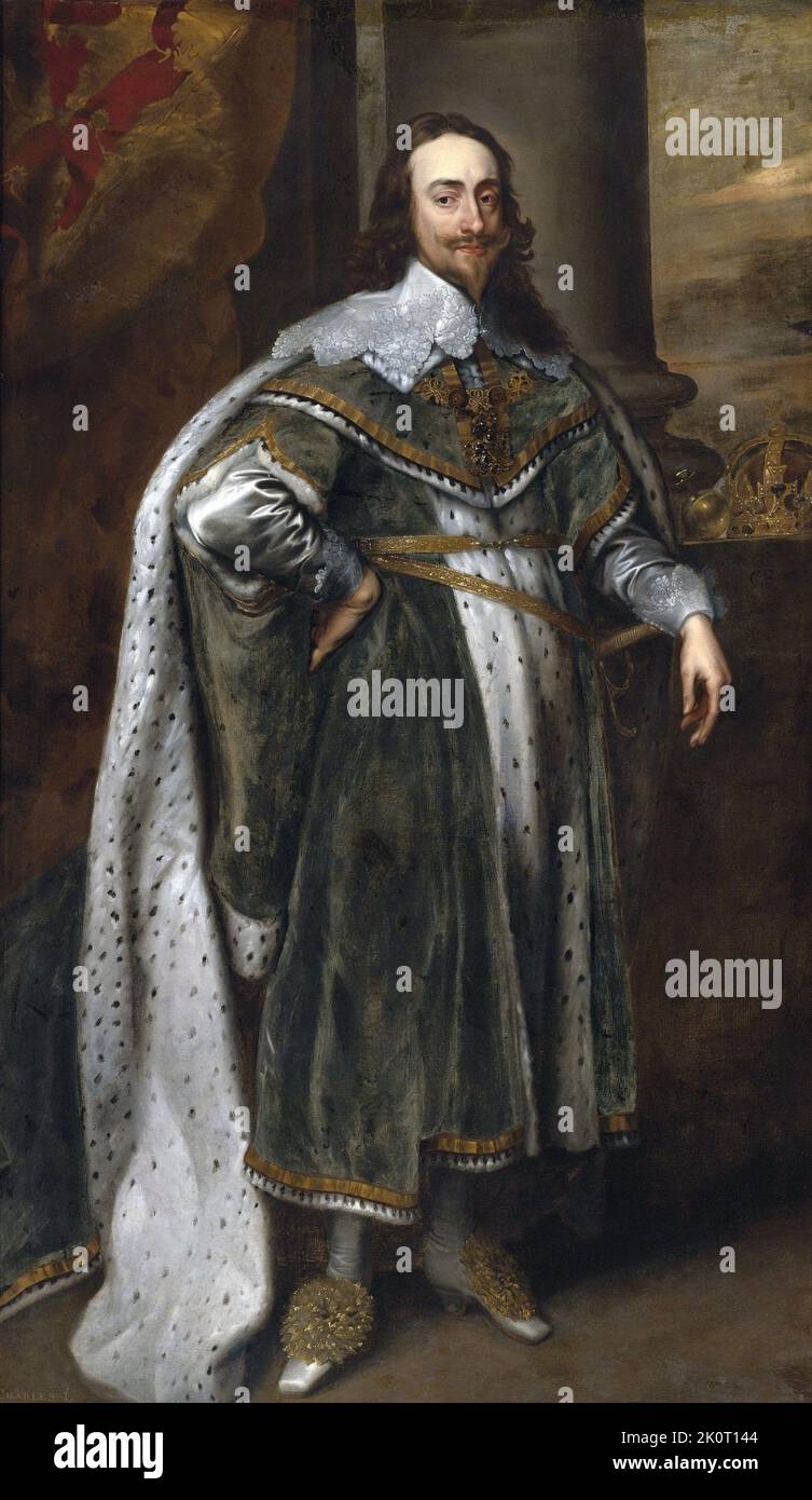 Carlo i (Londra, 19 novembre 1600 – Londra, 30 gennaio 1649) è stato Re d’Inghilterra, Scozia e Irlanda dal 27 marzo 1625 fino alla sua esecuzione nel 1649. Nacque nella Casa di Stuart come secondo figlio del re Giacomo VI di Scozia. Visto qui in un ritratto del 1636 di Anthony van Dyck. Immagine di dominio pubblico in virtù dell'età. Foto Stock