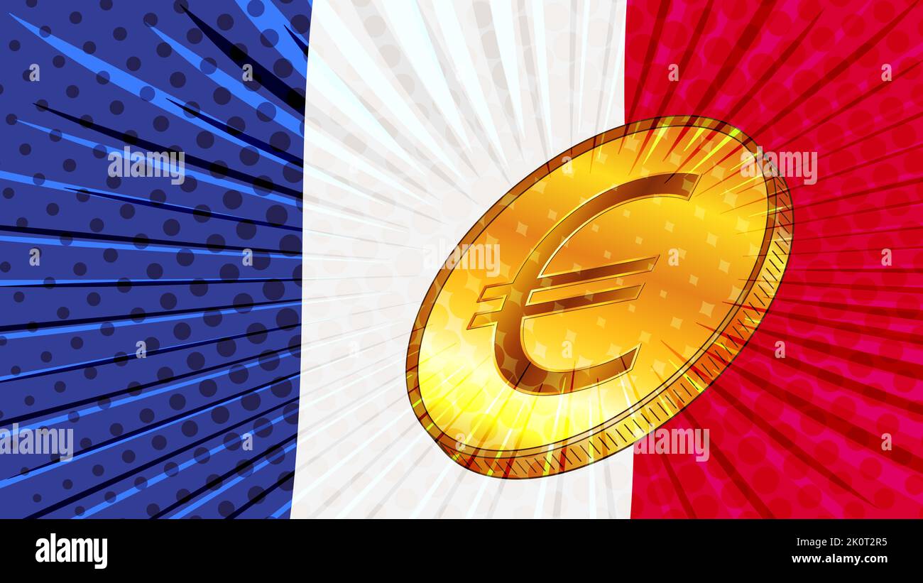 Bandiera della Francia e moneta d'oro con segno di valuta Euro EUR. Concetto CBDC. Illustrazione vettoriale. Illustrazione Vettoriale