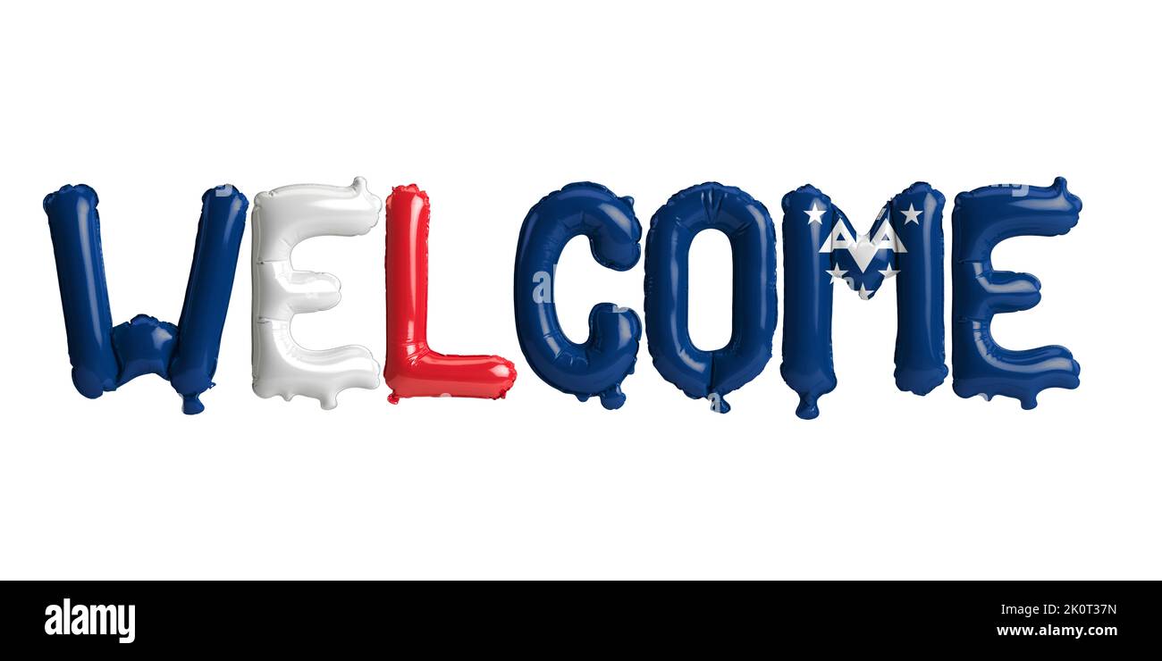 3D illustrazione di palloncini di benvenuto nella bandiera delle Terre meridionali e antartiche isolata su sfondo bianco Foto Stock