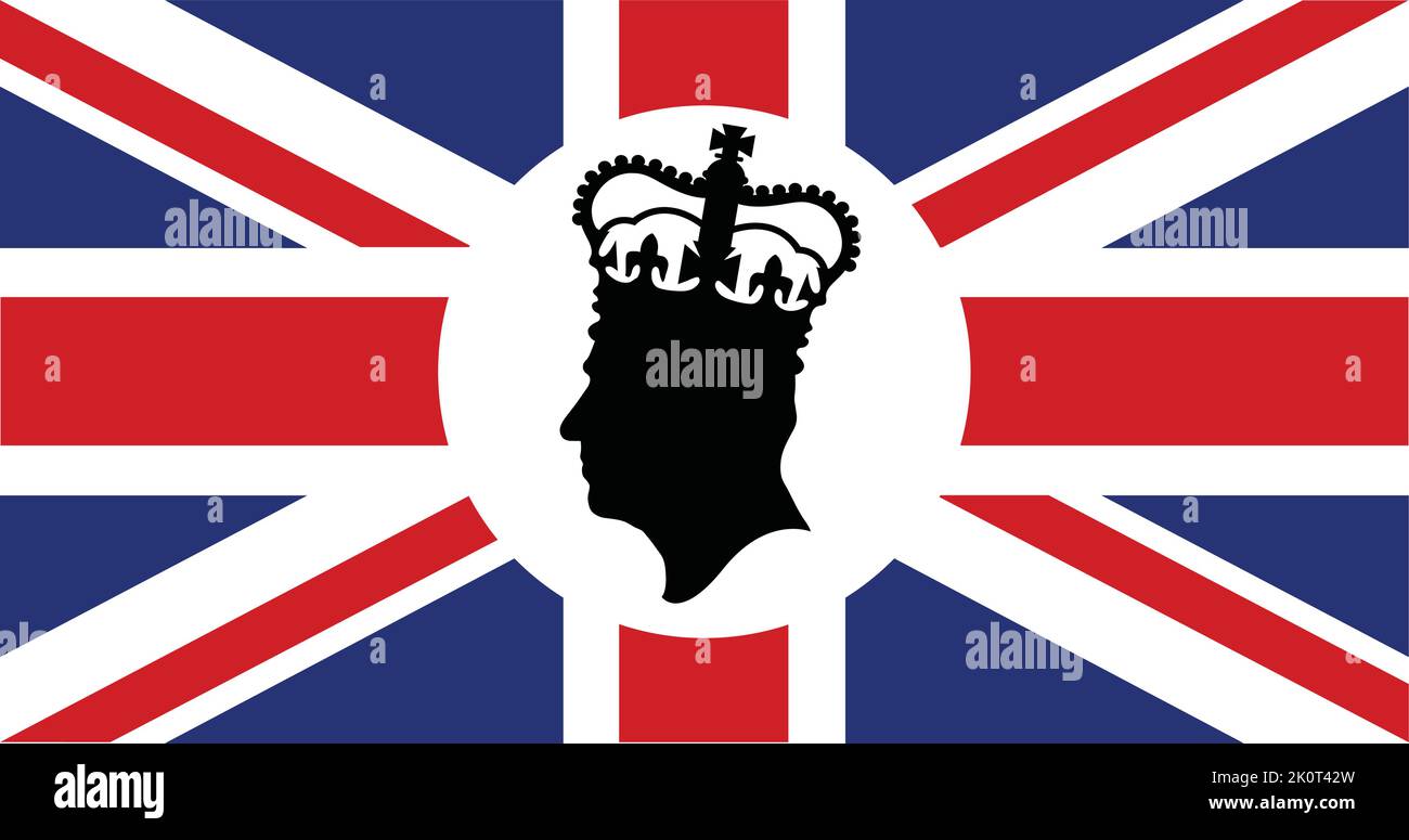 Londra, Regno Unito - Settembre 2022: Profilo laterale di King Charles III contro uno sfondo Union Jack Illustrazione Vettoriale