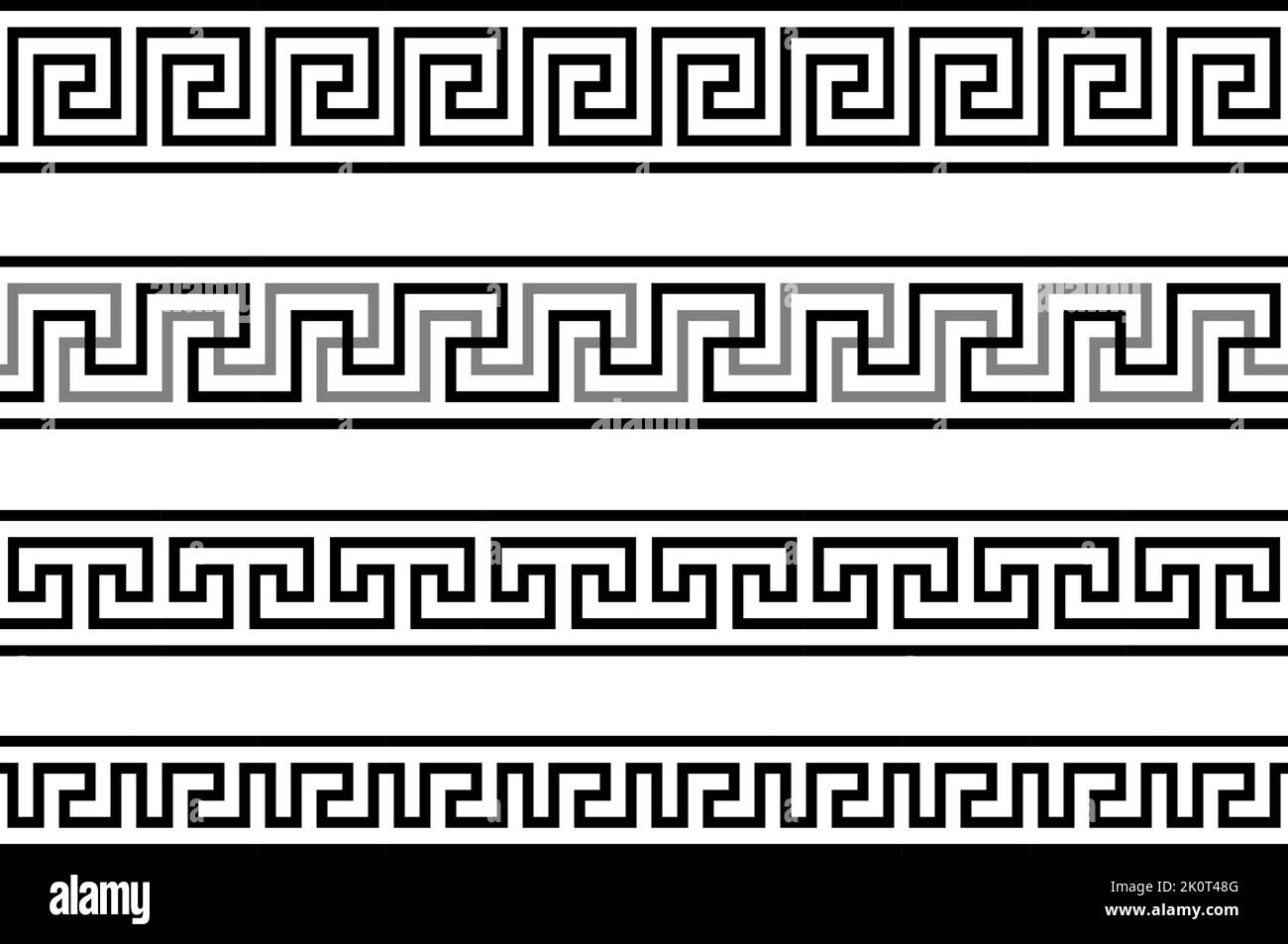 Collezione di ornamenti chiave greca. Serie di schemi di meandro. Ripetizione motivo geometrico meandros. Design greco. Antico bordo decorativo. Vettore Illustrazione Vettoriale