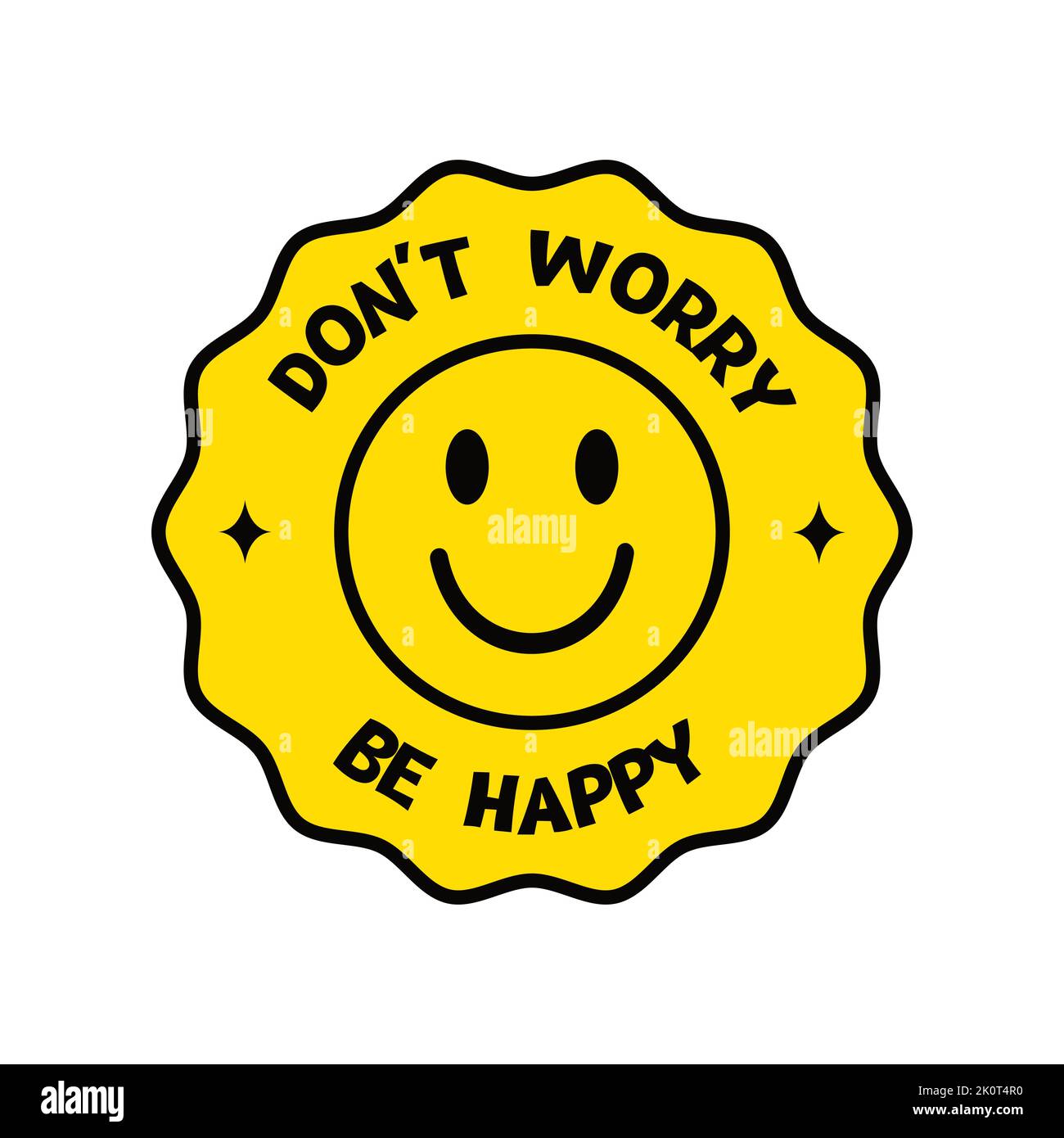 Non preoccuparti di essere felice adesivo in stile retrò con il sorriso. Emoticon sorridente. Faccia felice. Illustrazione vettoriale Illustrazione Vettoriale