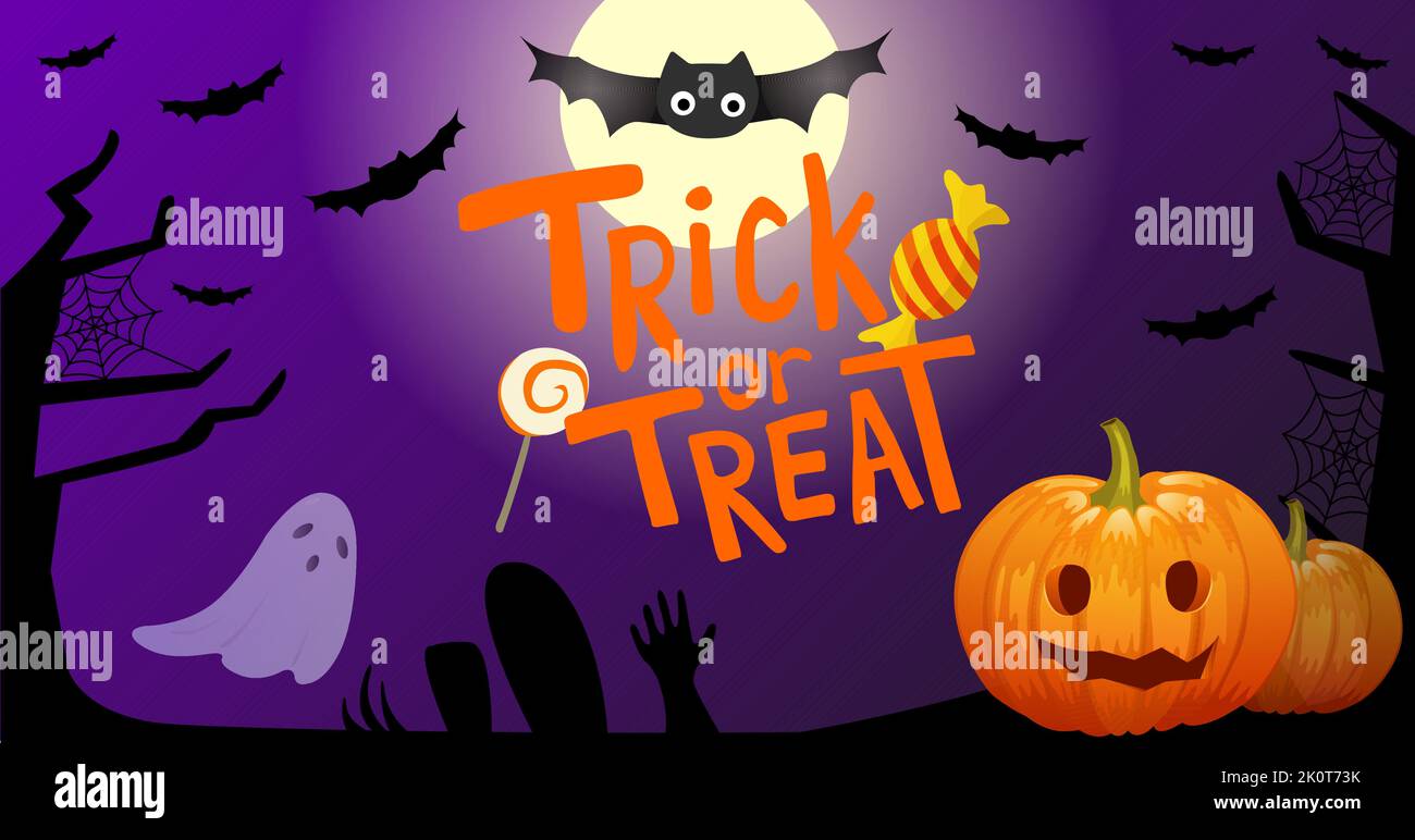 Halloween trucco o trattare banner design. Banner per post, volantini o poster sui social media. Trucco o trattare con caramelle, zucca e pipistrelli su sfondo viola scuro. Illustrazione vettoriale spettrale. Illustrazione Vettoriale