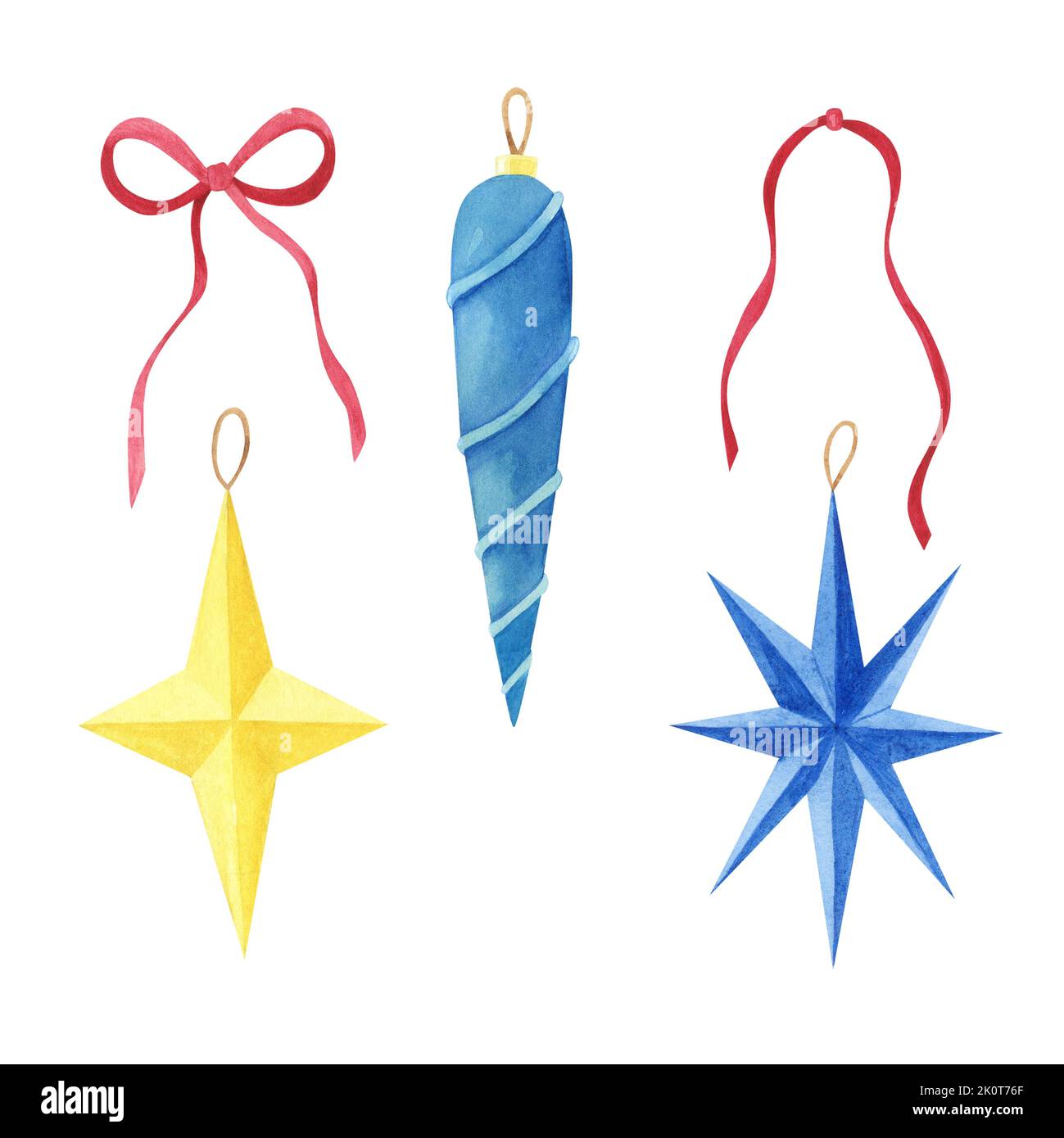 Set vintage Natale giocattolo stelle vetro e nastro arco acquerello isolato su bianco. Acquerello disegno a mano Xmas illustrazione. Arte per la decorazione di design, Foto Stock
