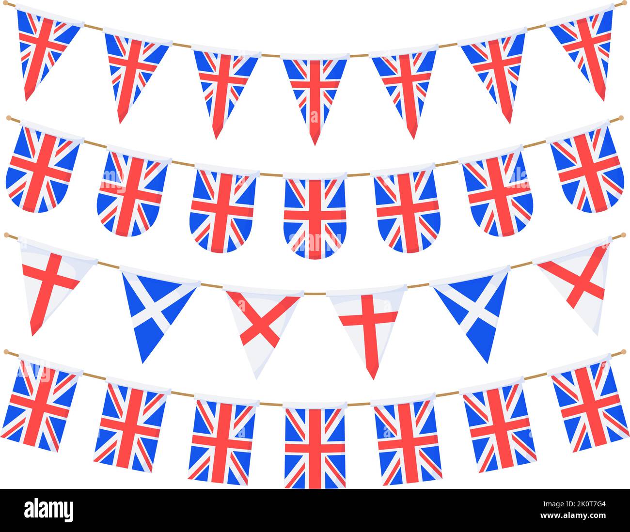 Ghirlanda di bandiera del Regno Unito. Catena dei pennants di Union Jack. Decorazione a grappolo del partito britannico. La Gran Bretagna bandiere per la celebrazione. Piè di pagina e sfondo del banner. Illustrazione Vettoriale