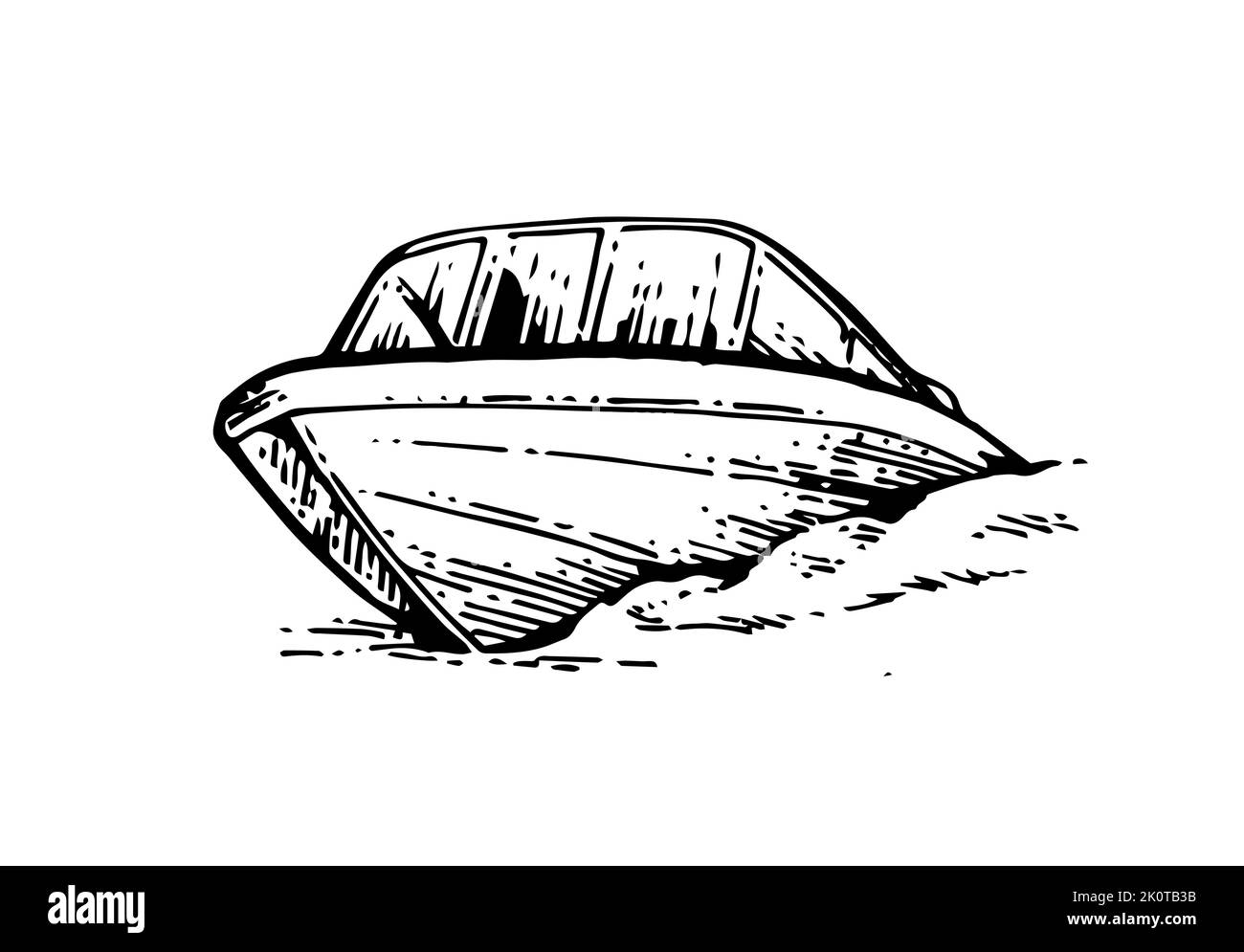 Gite in barca sulle onde. Vista frontale. La piccola nave naviga in mare, lago o fiume. Imbarcazione composita in plastica con motore. Schizzo del contorno disegnato a mano. Isolato su Illustrazione Vettoriale