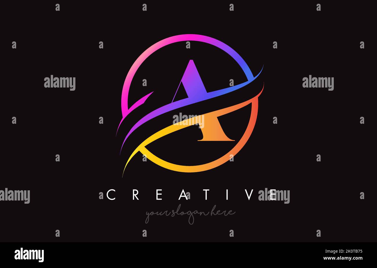 Logo lettera A con colori Creative Purple Orange e vettore Circle Swoosh Cut Design. Icona colorata Serif Letter Circular Design Illustrazione. Illustrazione Vettoriale