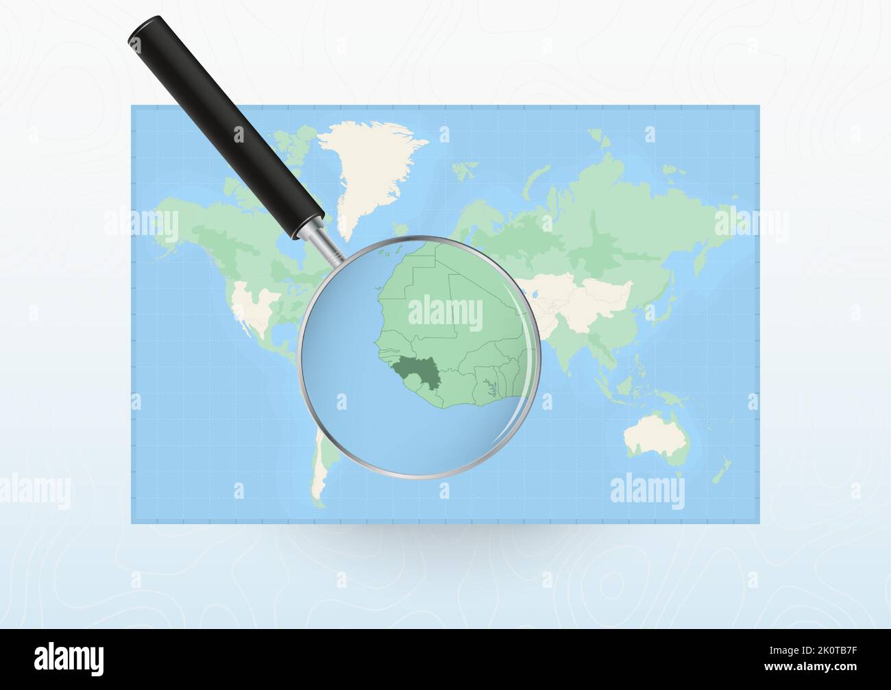 Mappa del mondo con una lente d'ingrandimento rivolta alla Guinea, cercando in Guinea con loupe. Mappa vettoriale. Illustrazione Vettoriale