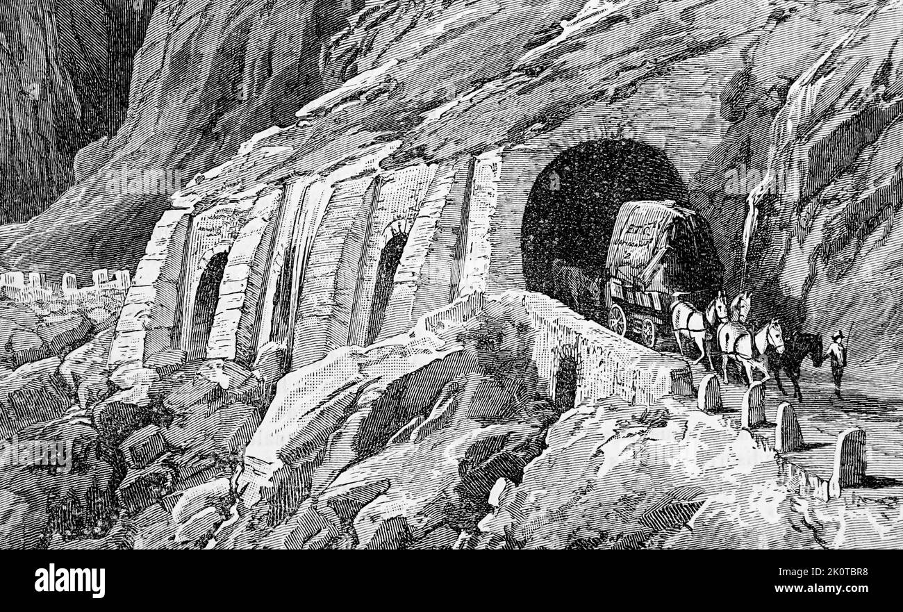 Illustrazione del Passo del Sempione, un valico di montagna tra le Alpi Pennine e le Alpi Lepontine in Svizzera. Datato 19th ° secolo Foto Stock