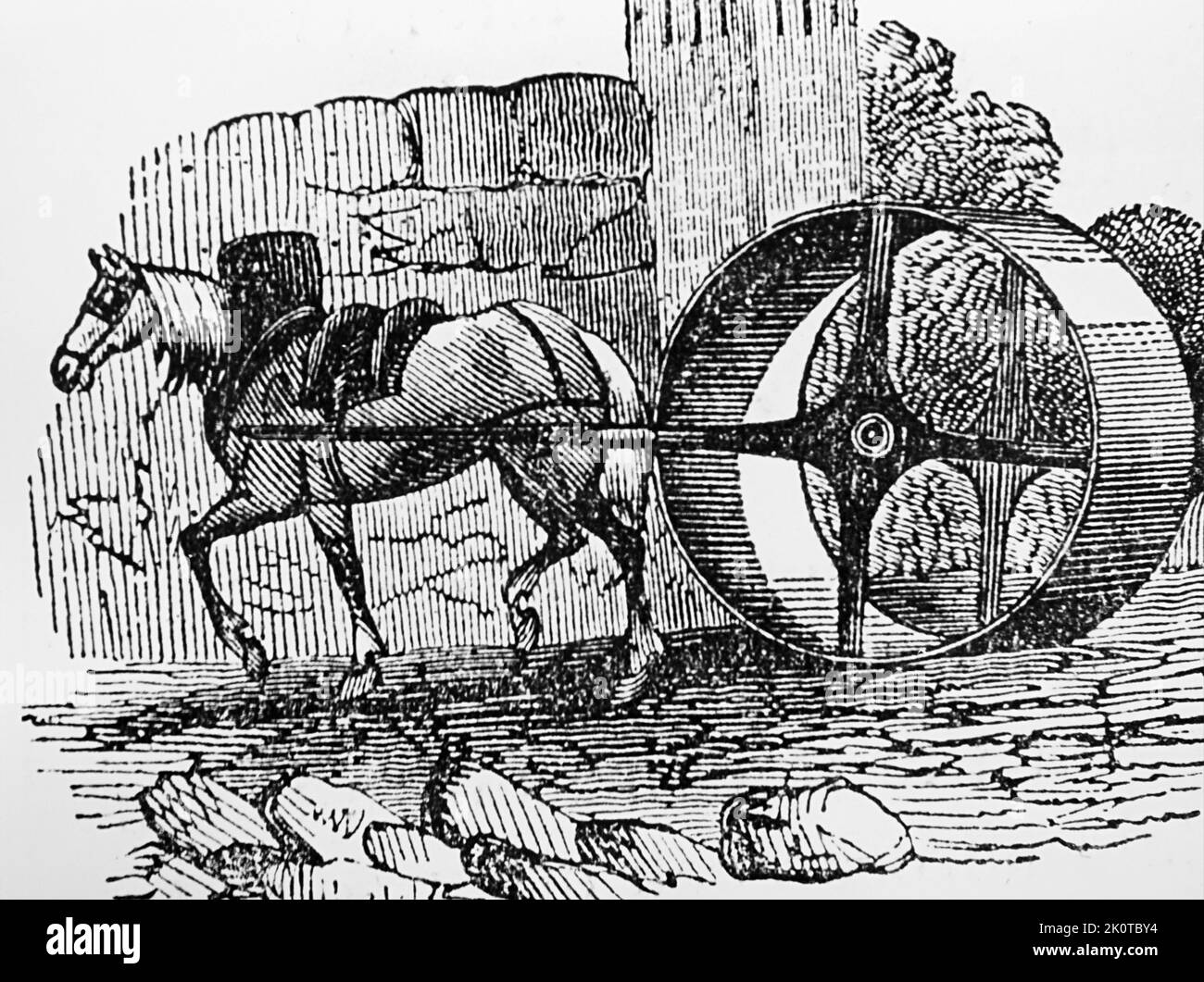 Illustrazione intitolata 'Roadmaking' che raffigura un cavallo che tira un rullo per spianare la superficie stradale. Datato 19th ° secolo Foto Stock