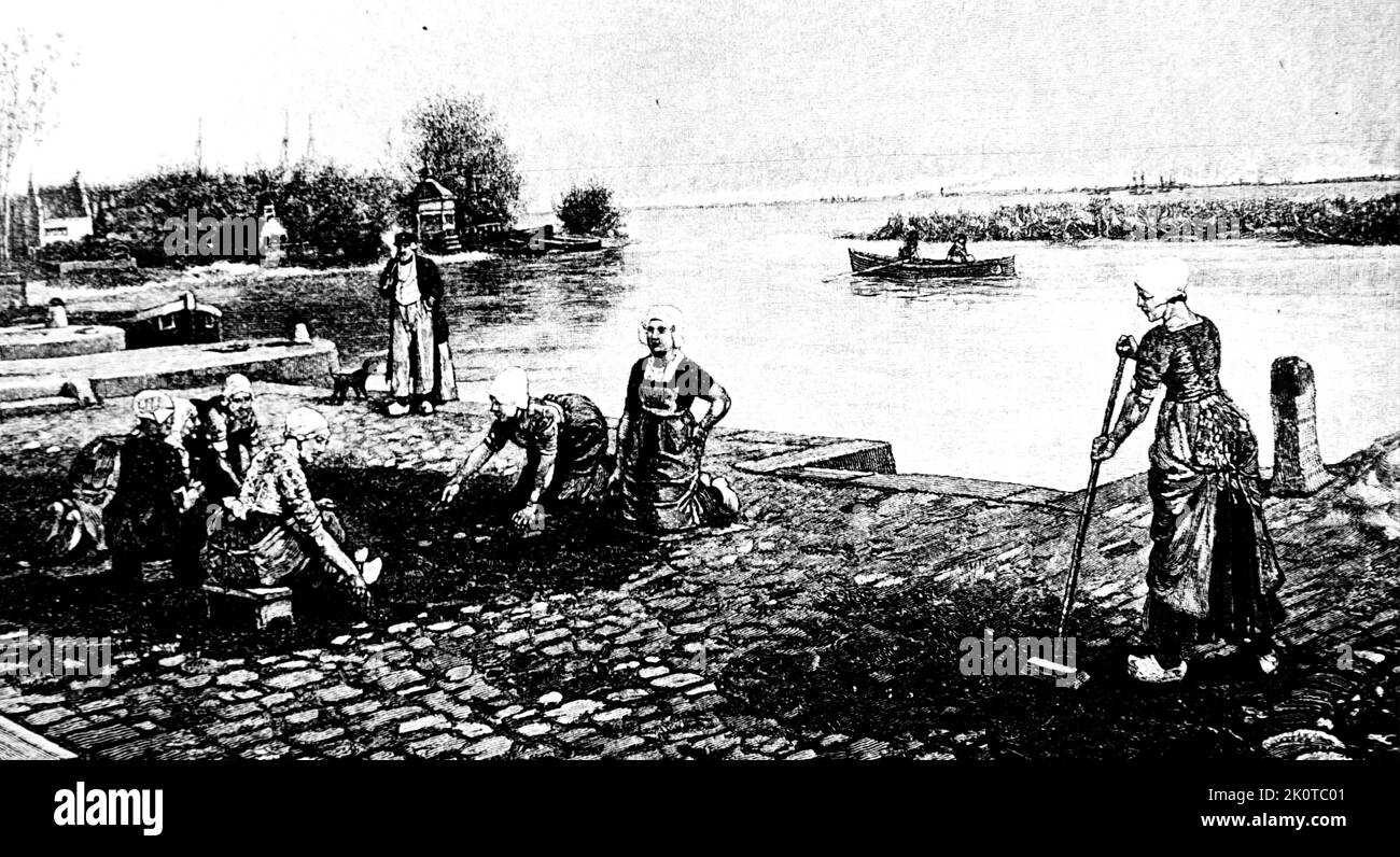Illustrazione raffigurante una donna olandese che svezzava la strada. Datato 19th ° secolo Foto Stock
