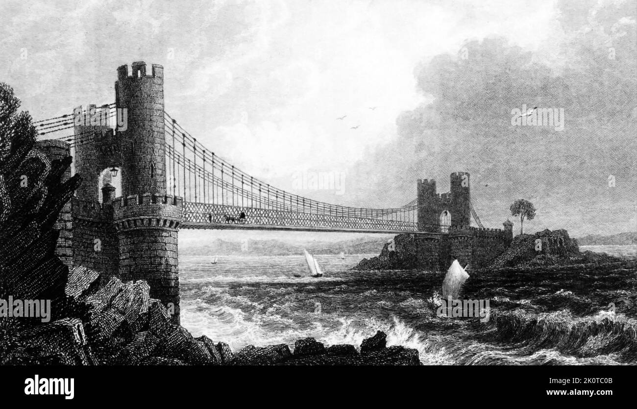 Illustrazione del Conway Suspension Bridge costruito da Thomas Telford (1757-1834), ingegnere civile scozzese, architetto e lapide. Datato 19th ° secolo Foto Stock