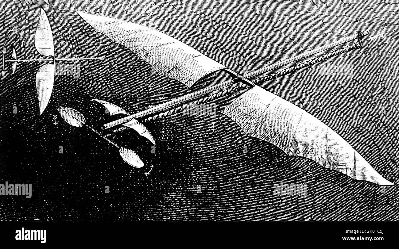 L'aereo di Alphonse Pénaud, guidato da fasce di gomma intrecciate. Alphonse Pénaud (1850-1880) progettista e ingegnere francese dell'aviazione. Datato 19th ° secolo Foto Stock