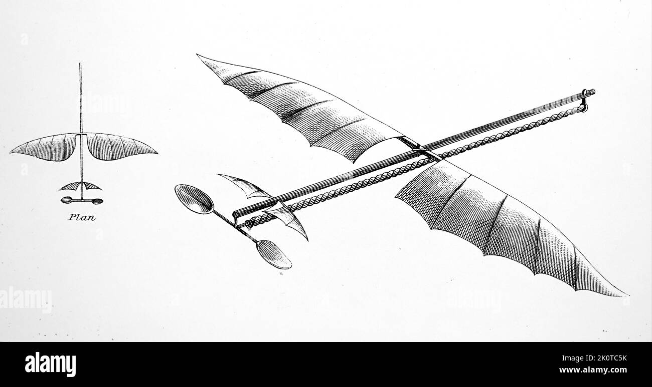Uccello meccanico o ornitottero, azionato da fasce di gomma ritorte, di Alphonse Pénaud (1850 – 1880), pioniere francese del 19th° secolo nella progettazione e nell'ingegneria dell'aviazione. Pénaud è re-portato a hâve iniziato vork su questo modello alla fine del 1871 Foto Stock