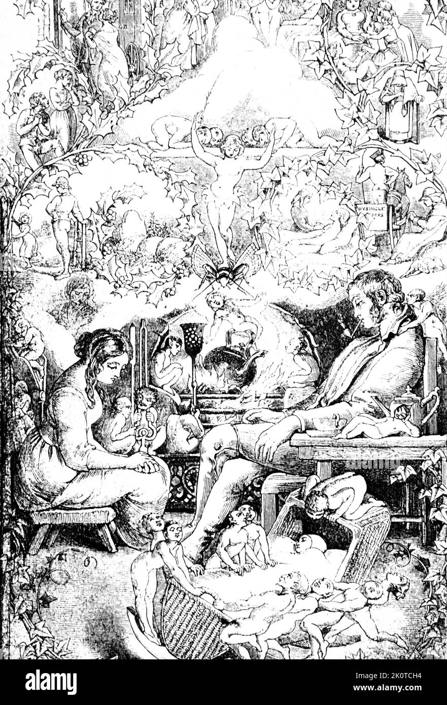 Signor Presidente e signora Peerybingle, seduta sognante accanto al fuoco, mentre le fate oscillano la culla del bambino e il cricket, sostiene la regina delle fate. Illustraticn Ty Daniel Maclise per Charles Dickens il cricket sulla Terra, 1845. Uno dei libri di Natale di Dickens. Foto Stock