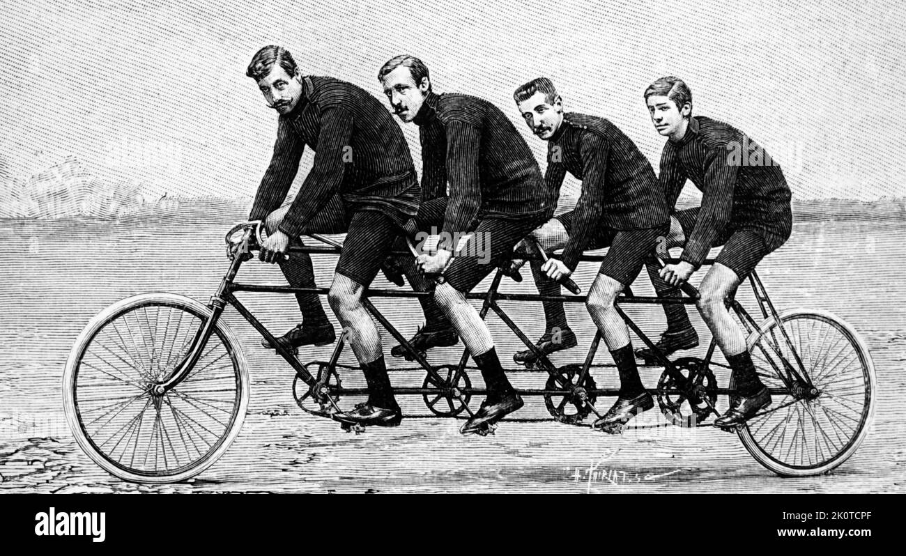 Illustrazione di quattro uomini in bicicletta su un tandem 1890 Foto Stock