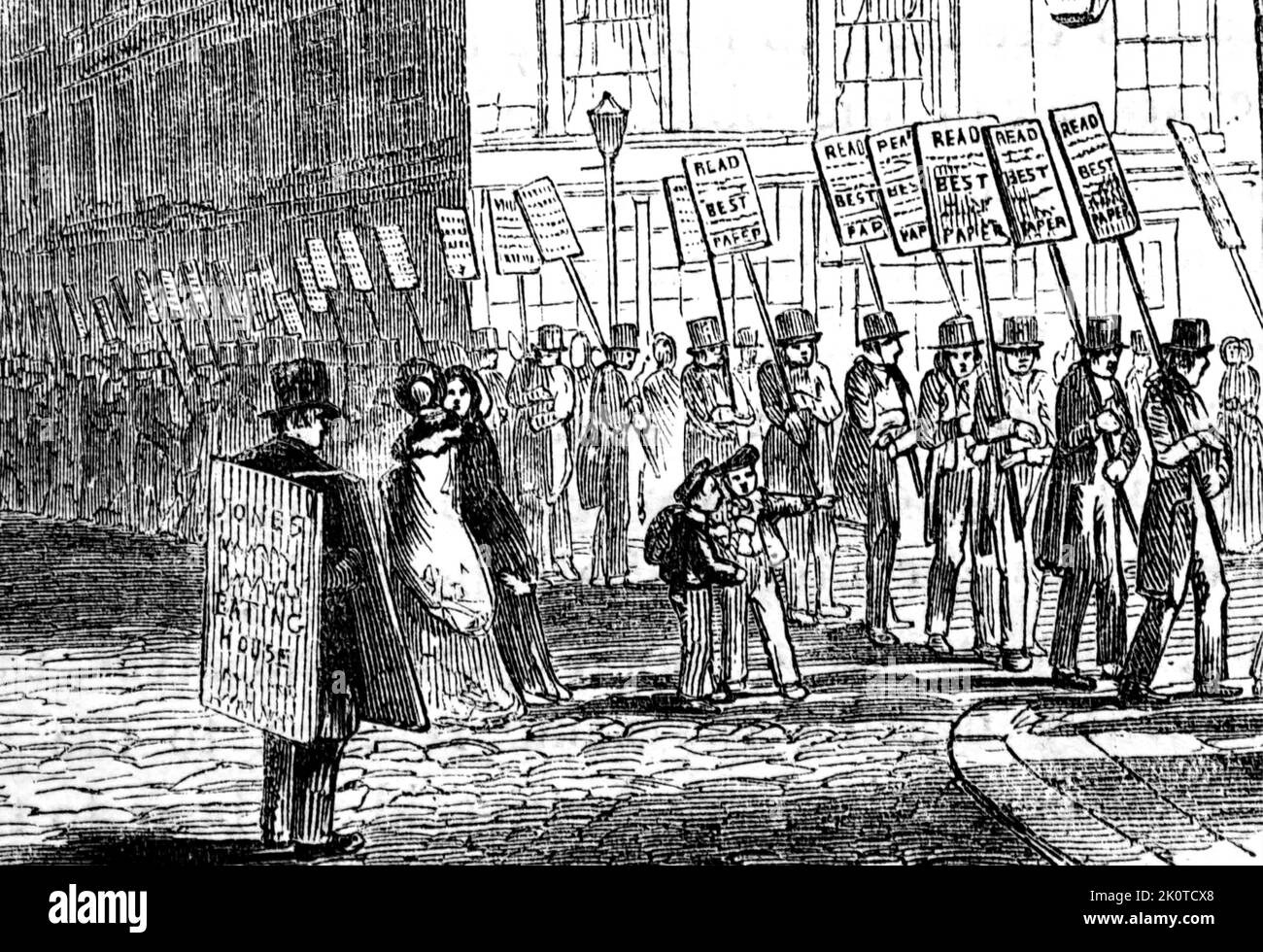 Manifestanti del 19th ° secolo che passa un uomo con un sandwhich bordo pubblicità 'Jones Eating House' Londra 1843 Foto Stock