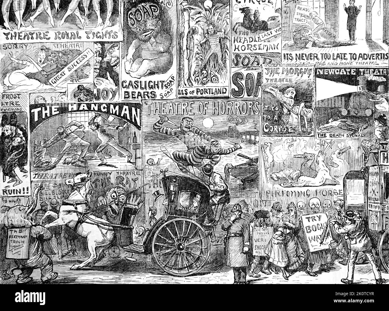 Cartoni animati da pugno che mostrano che il sesso; il crimine; la violenza hanno sempre giocato un ruolo forte in strada advertissng; Londra 1887 Foto Stock