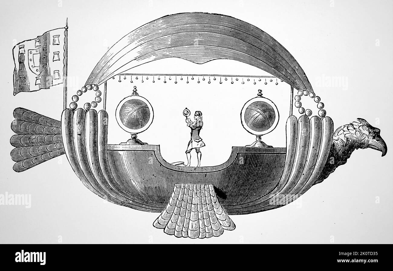 Macchina volante proposta dal sacerdote brasiliano p. Bartolommeo Laurenco de Gusmâo; 1709. Questo aveva vele, e mantice per creare un vento in condizioni calme. Foto Stock