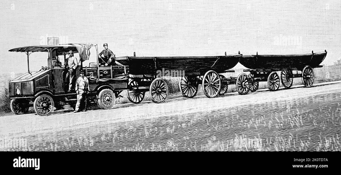 Motore a trazione a vapore che tira un ponte; Francia 1900 Foto Stock