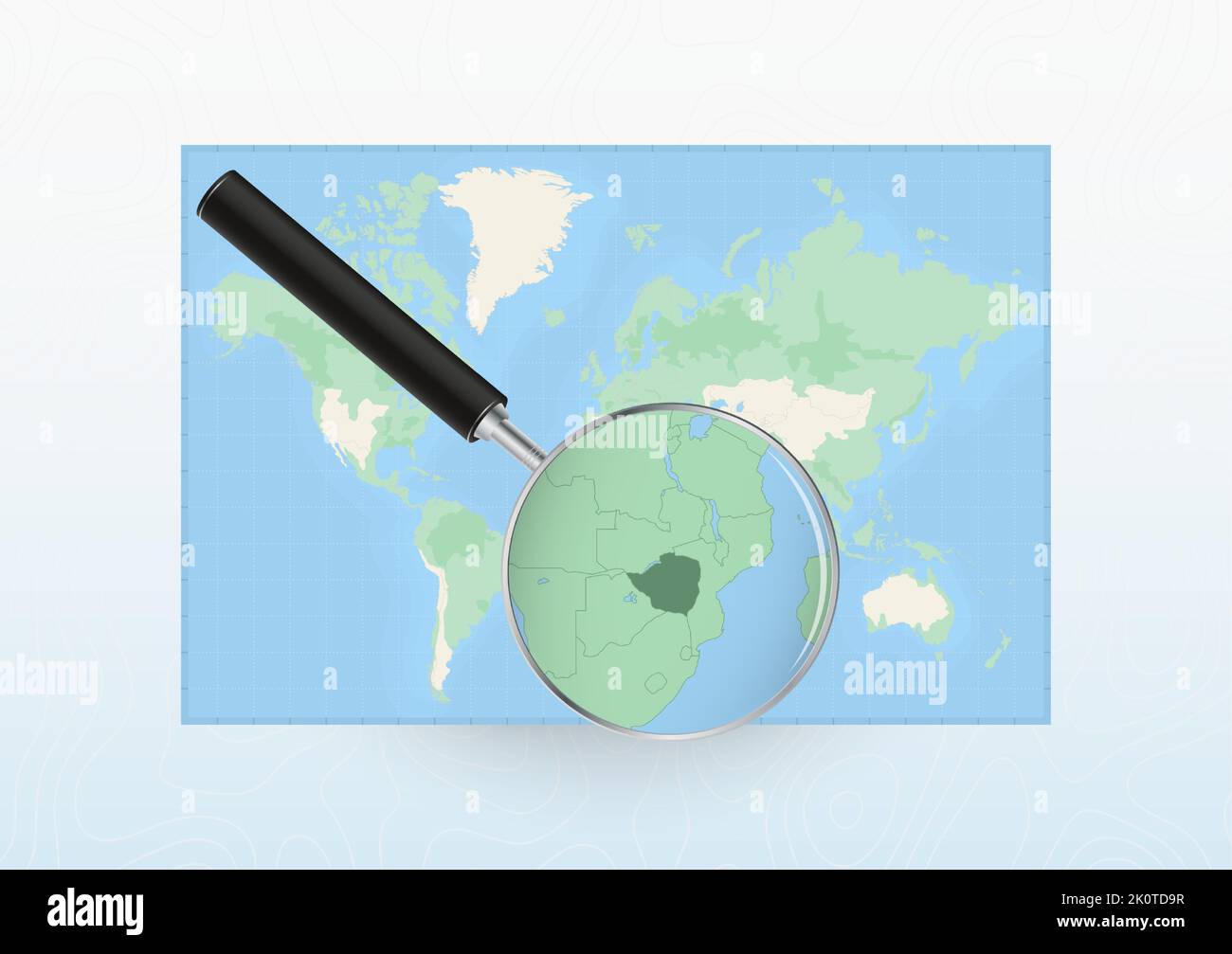 Mappa del mondo con una lente d'ingrandimento rivolta allo Zimbabwe, cercando lo Zimbabwe con loupe. Mappa vettoriale. Illustrazione Vettoriale
