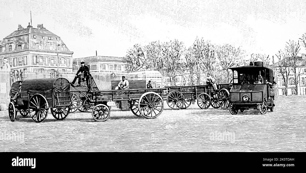 Unità di trazione a vapore Scotte; traino di un treno di carri militari francesi 1900 Foto Stock