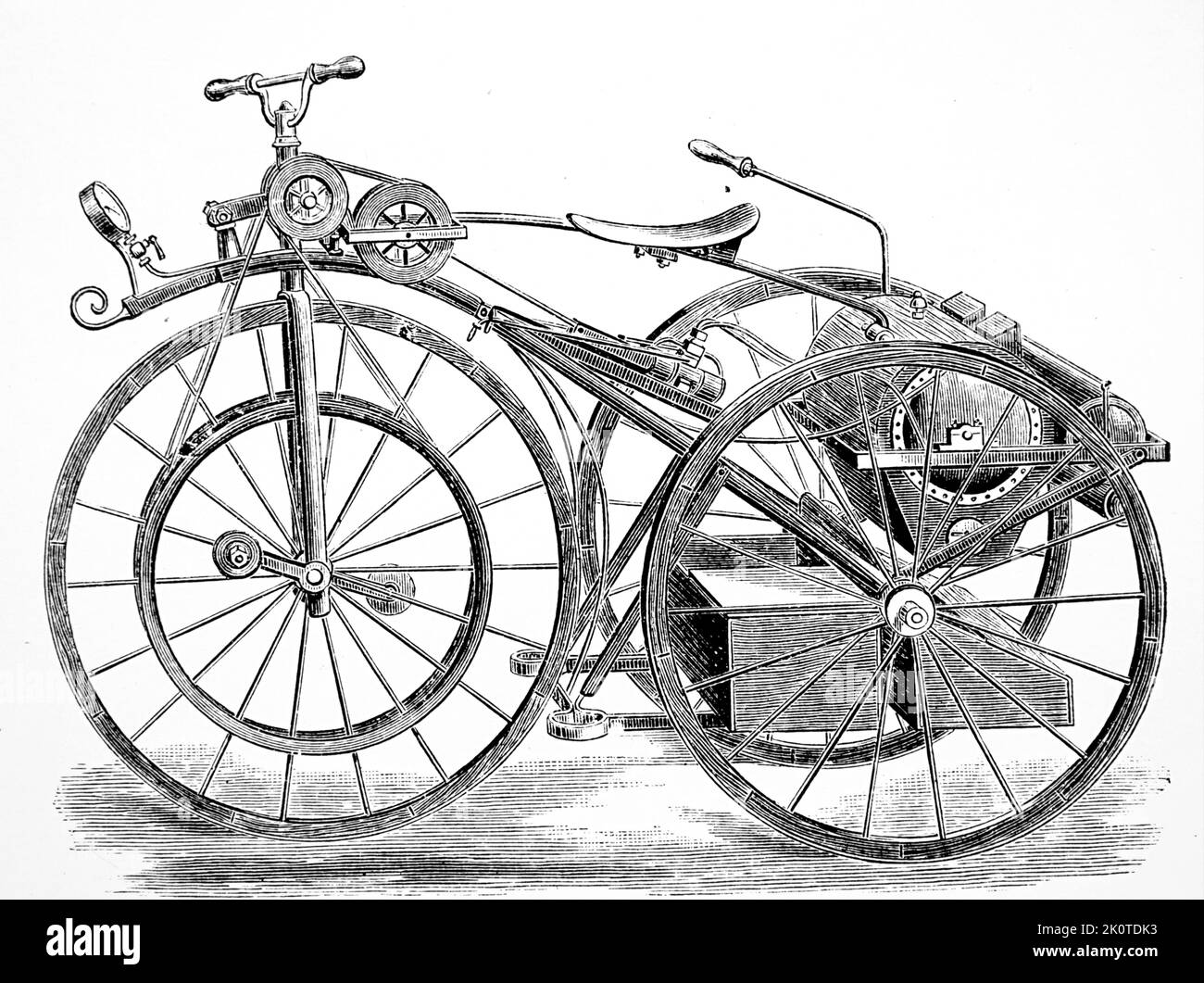 Il triciclo a vapore Michaux-Perreaux 1884, Perreaux ha presentato una versione triciclo del suo velocipede a vapore, con due ruote posteriori e la cinghia che guida la ruota anteriore, alla Mostra industriale sugli Champs-Élysées, Parigi. Il motore alimentato a alcol aveva un alesaggio e una corsa simili all'originale. I serbatoi dell'acqua erano sufficienti per due o tre ore di funzionamento, con un range di 30–54 miglia Foto Stock
