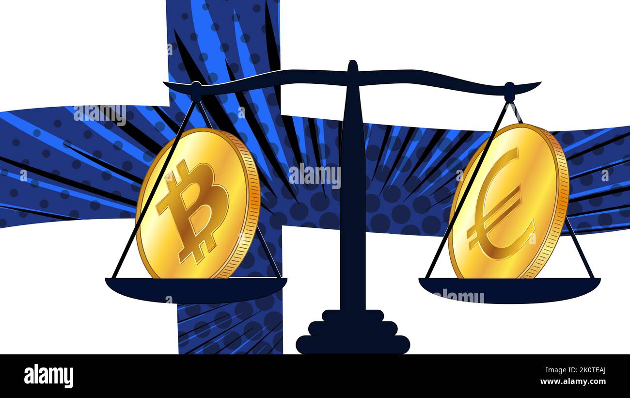 Moneta d'oro di Bitcoin BTC e Euro EUR su scala e bandiera colorata di Finlandia sullo sfondo. La Banca centrale di Finlandia adotta leggi sulle attività digitali CBDC. Illustrazione Vettoriale