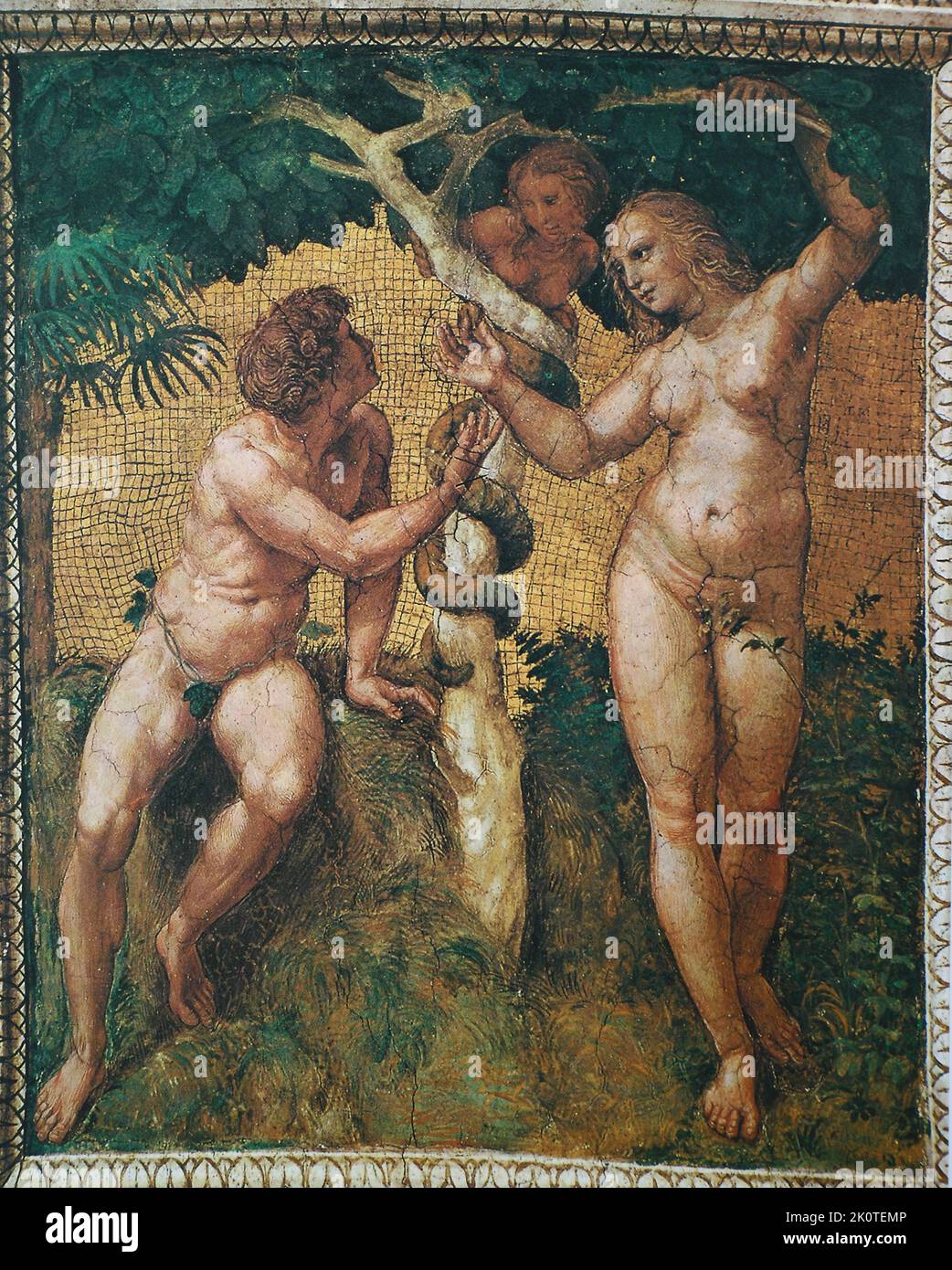 Der Sündenfall, Fresko im Vatikan, von Raffaello Sanzio da Urbino, auch Raffael da Urbino, Raffaello Santi, Raffaello Sanzio, Raffael, italienischer Maler, Italien / la caduta dell'uomo, affresco in Vaticano, di Raffaello Sanzio da Urbino, anche Raffaello da Urbino, Raffaello Santi, Raffaello Sanzio, Raffaello, pittore italiano, Italia, restaurierte digitale Reproduktion eines Kunstwerkes (pubblico dominio) aus dem Jahre ca 1500 / riproduzione restaurata digitalmente di un'opera d'arte (pubblico dominio) dall'anno circa 1500 Foto Stock