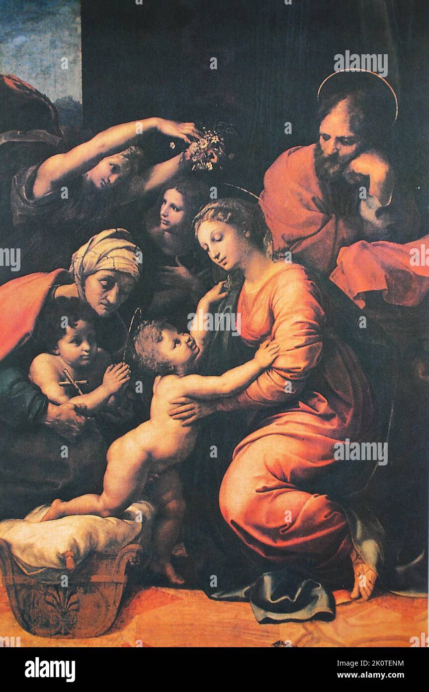 Heilige Familie, Die grosse Heilige Familie Franz I., von Raffaello Sanzio da Urbino, auch Raffael da Urbino, Raffaello Santi, Raffaello Sanzio, Raffael, italienischer Maler, Italien / Sacra Famiglia, la Grande Sacra Famiglia di Francesco i, di Raffaello Sanzio da Urbino, anche Raffaello da Urbino, Raffaello Santi, Raffaello Sanzio, Raffaello, pittore italiano, Italia, restaurierte digitale Reproduktion eines Kunstwerkes (pubblico dominio) aus dem Jahre ca 1500 / riproduzione restaurata digitalmente di un'opera d'arte (pubblico dominio) dall'anno circa 1500 Foto Stock