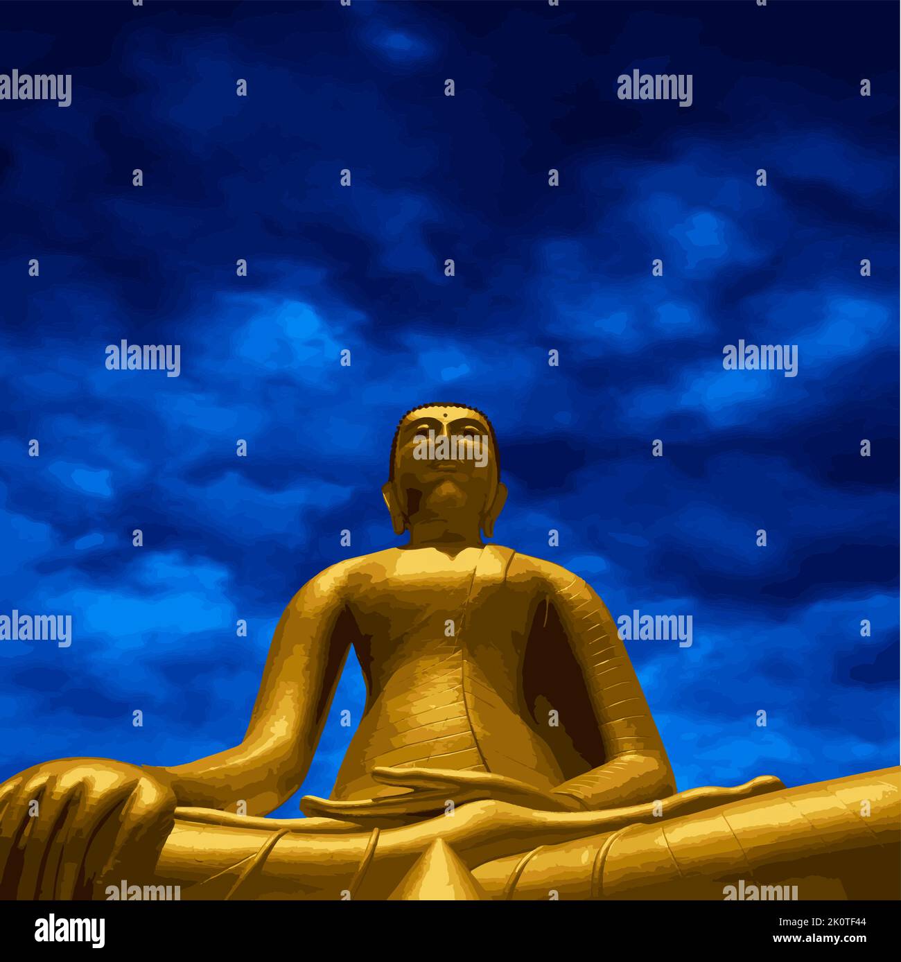 Buddha d'oro meditando, lo sfondo è un cielo blu al crepuscolo. Illustrazione Vettoriale