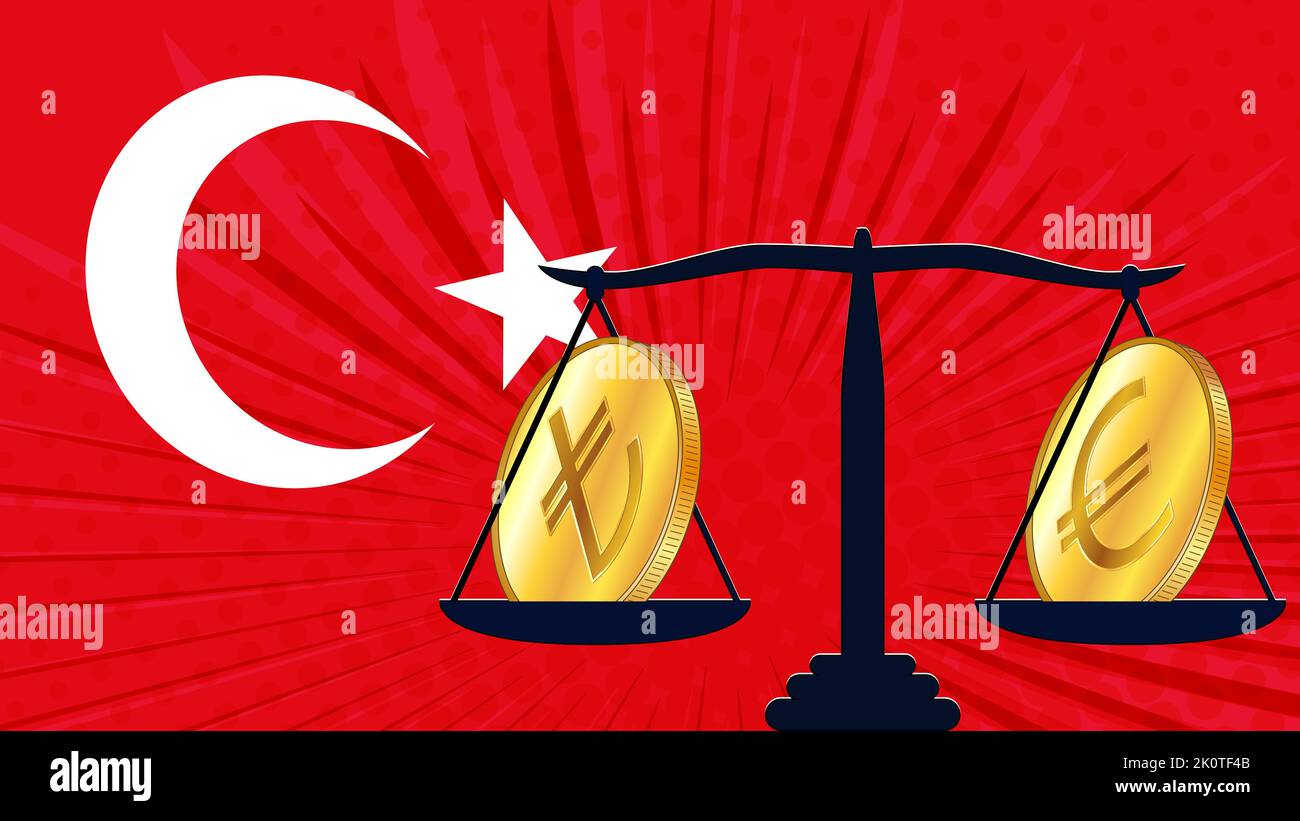 Moneta d'oro di lira turca TRY e euro EUR su scale e bandiera colorata di Turchia sullo sfondo. La Banca centrale di Turchia adotta leggi sulle attività digitali CB Illustrazione Vettoriale