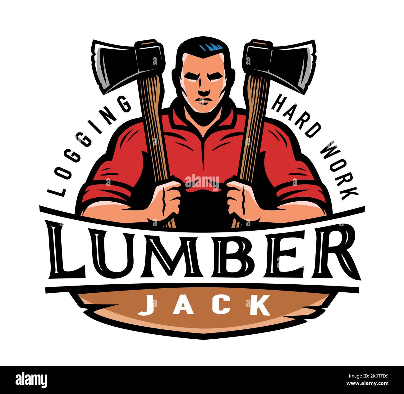 Lumberjack con logo Axe. Industria del legno, emblema per il disboscamento e mascotte. Lavorazione del legno, illustrazione vettoriale per etichette di legno Illustrazione Vettoriale