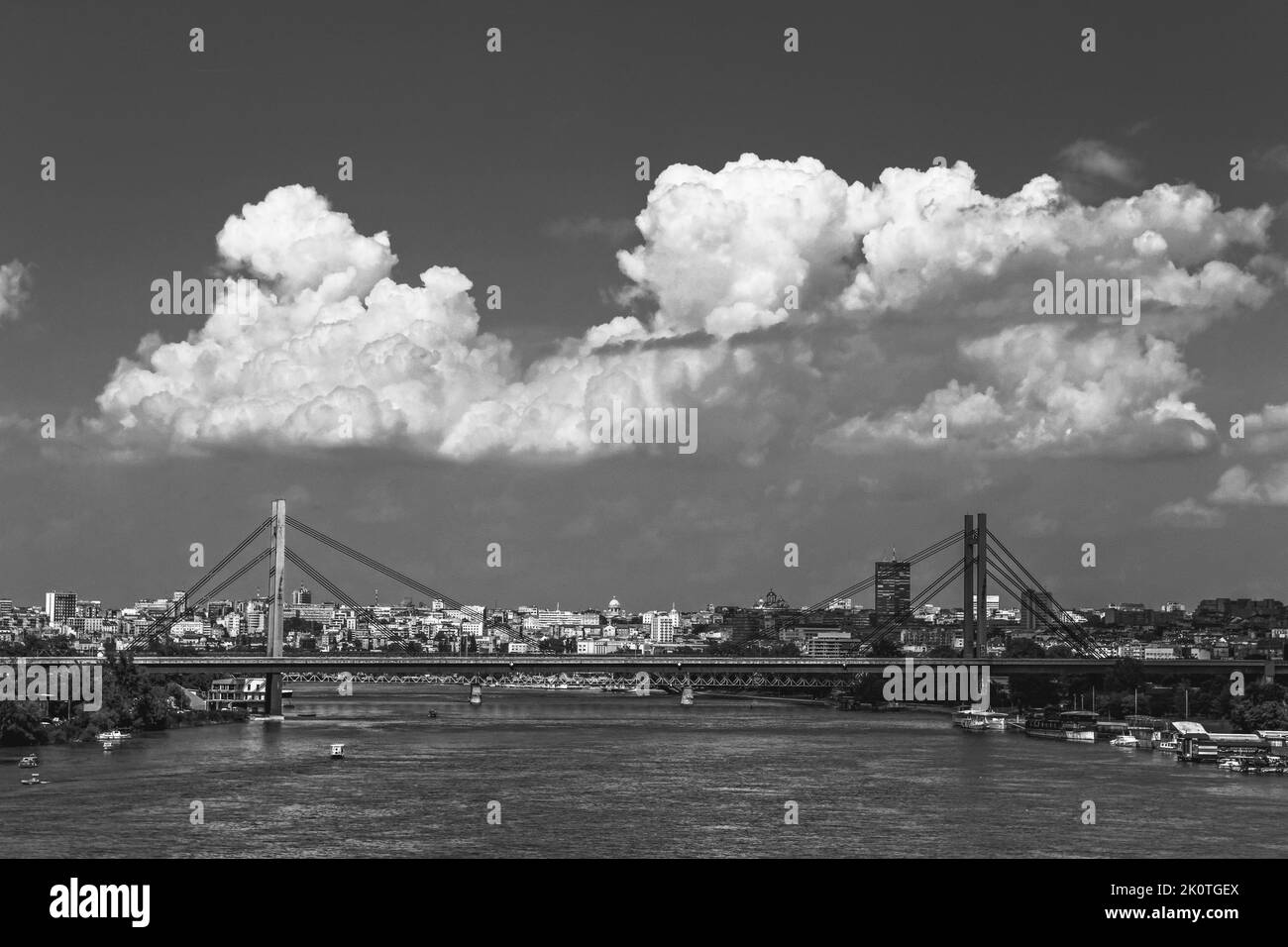 Una scala di grigi di un ponte sospeso in una giornata nuvolosa Foto Stock
