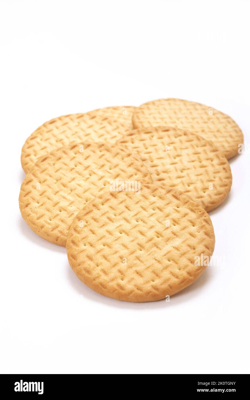 Un gruppo di biscotti semplici da tè su sfondo bianco ritagliati Foto Stock