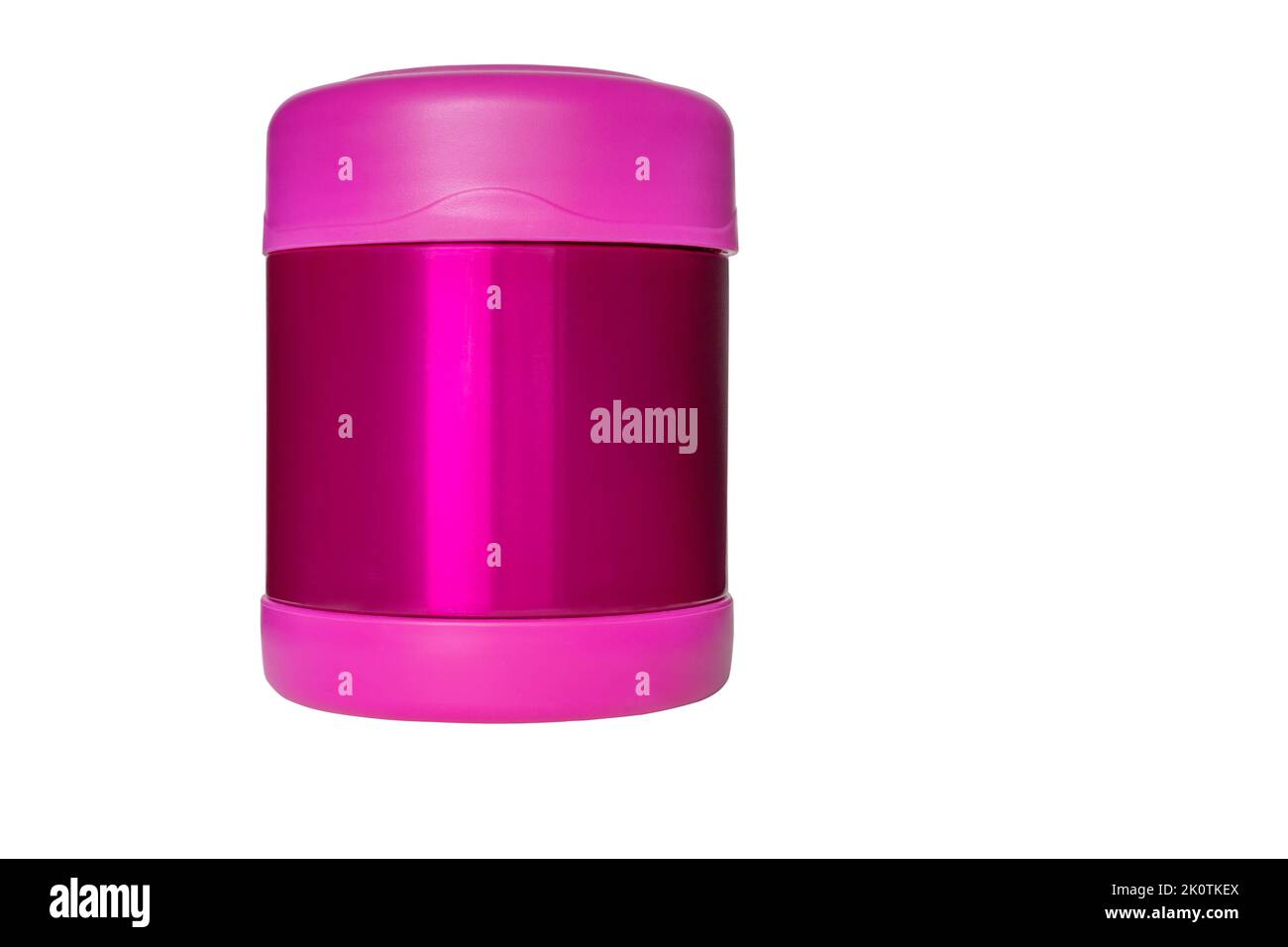Thermos isolati su sfondo bianco. Contenitore di cibo rosa per bambini per portare pasto caldo a scuola o asilo Foto Stock
