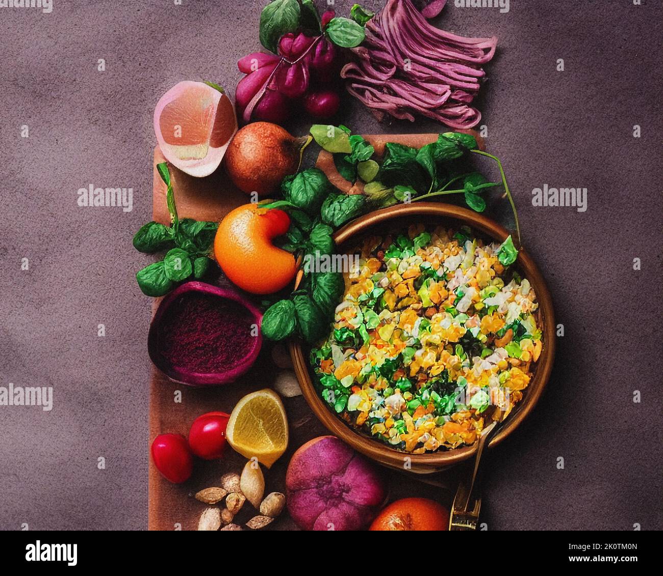 Cibi sani su un tavolo viola Foto Stock