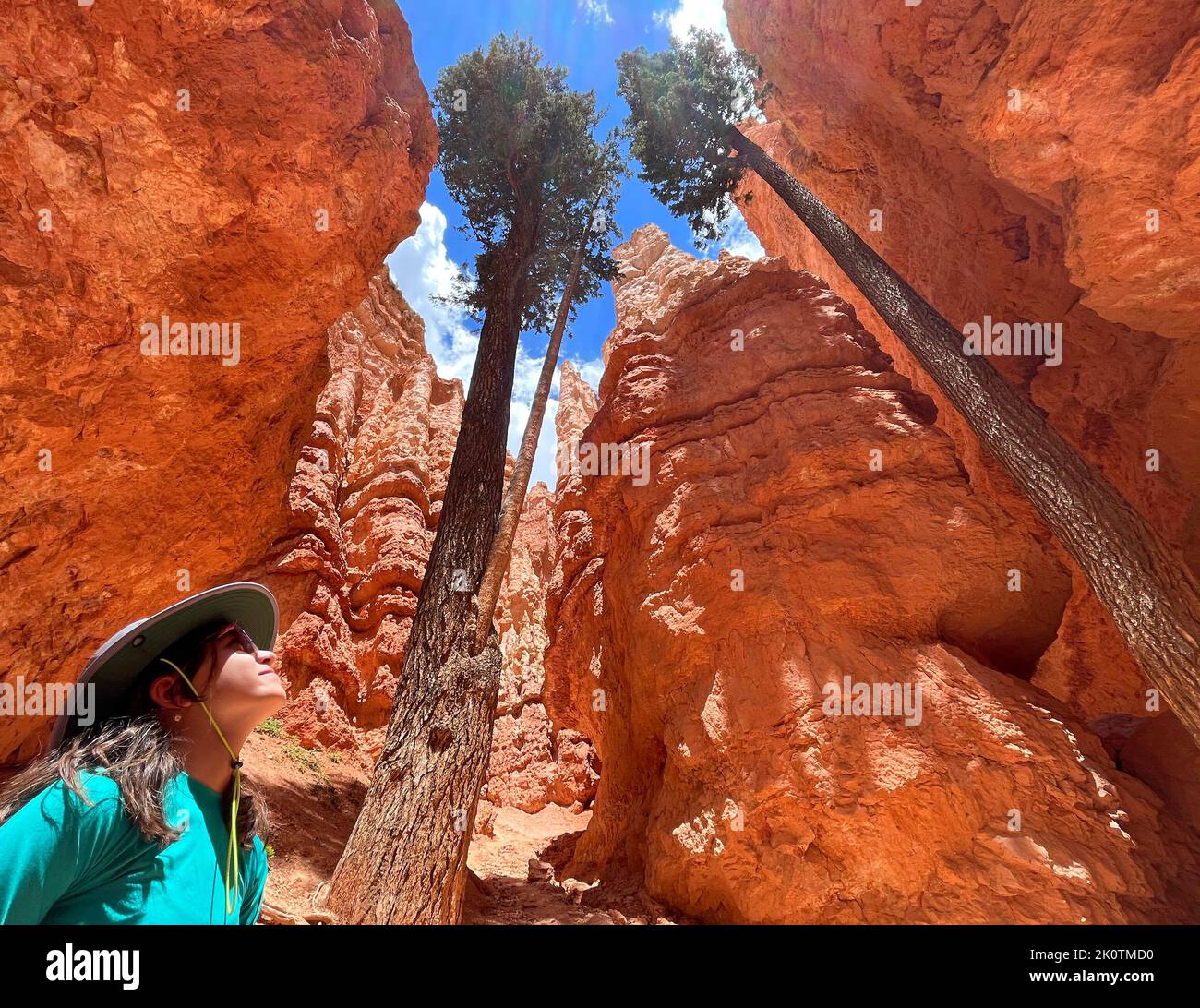 Giovane turista godendo il paesaggio a Wall Street nel Navajo Loop Trail, Bryce Canyon, Utah Foto Stock