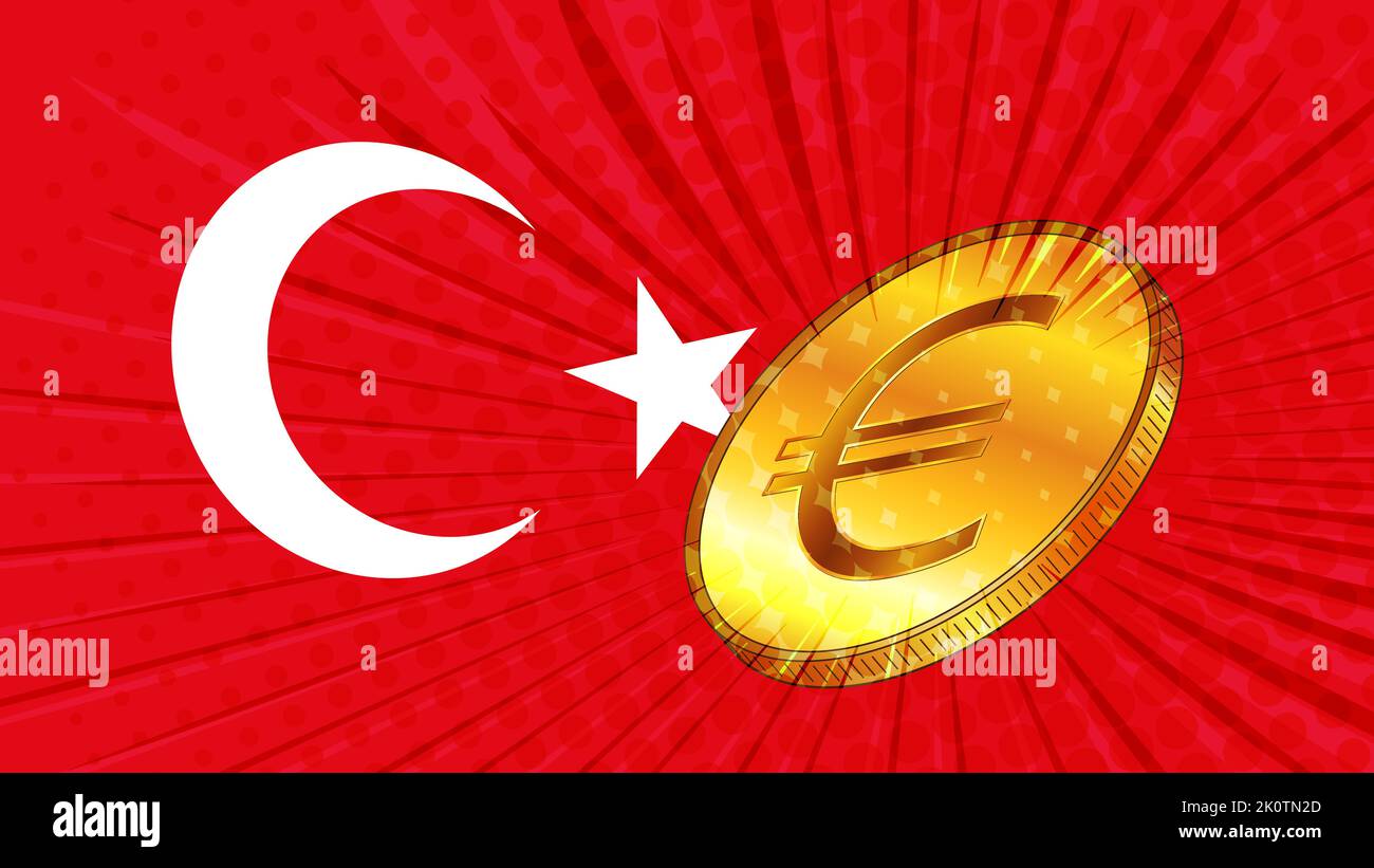 Bandiera turca e moneta d'oro con segno di valuta Euro EUR. Concetto CBDC. Illustrazione vettoriale. Illustrazione Vettoriale