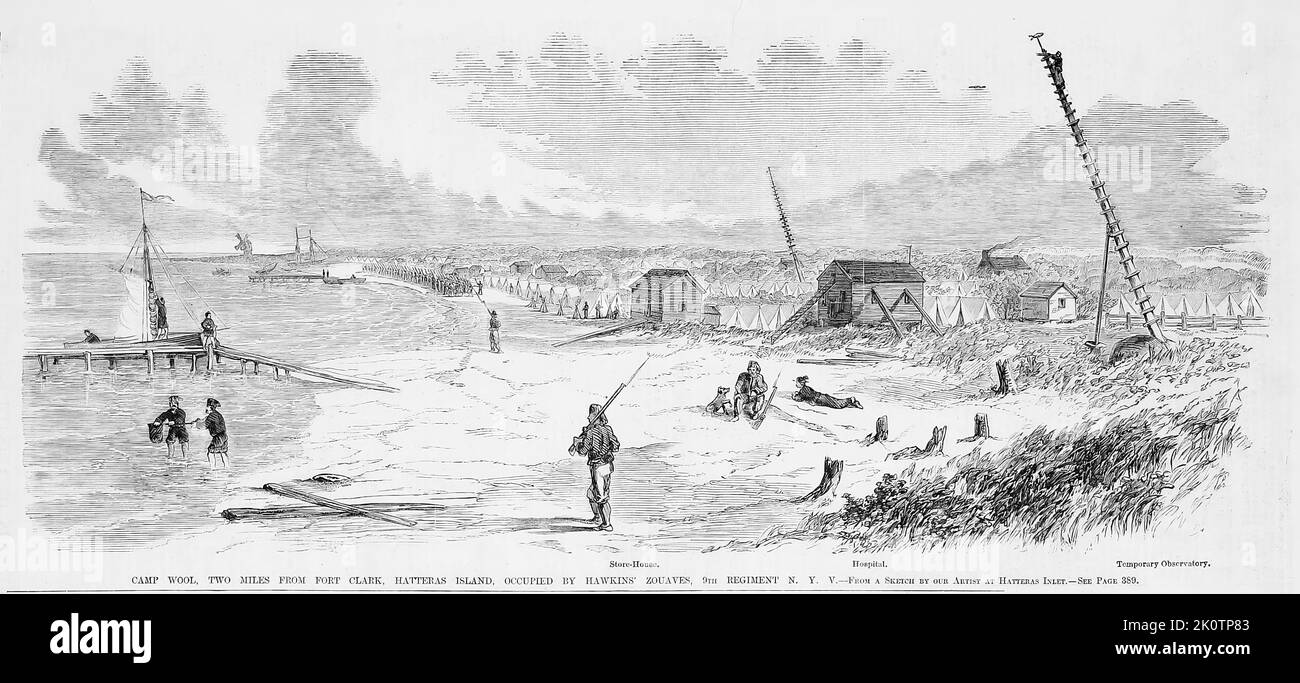 Camp Wool, a tre miglia da Fort Clark, Hatteras Island, North Carolina, occupata da Hawkin's Zouaves, 9th New York Fantry Regiment. Ottobre 1861. Illustrazione della guerra civile americana del 19th° secolo dal quotidiano illustrato di Frank Leslie Foto Stock