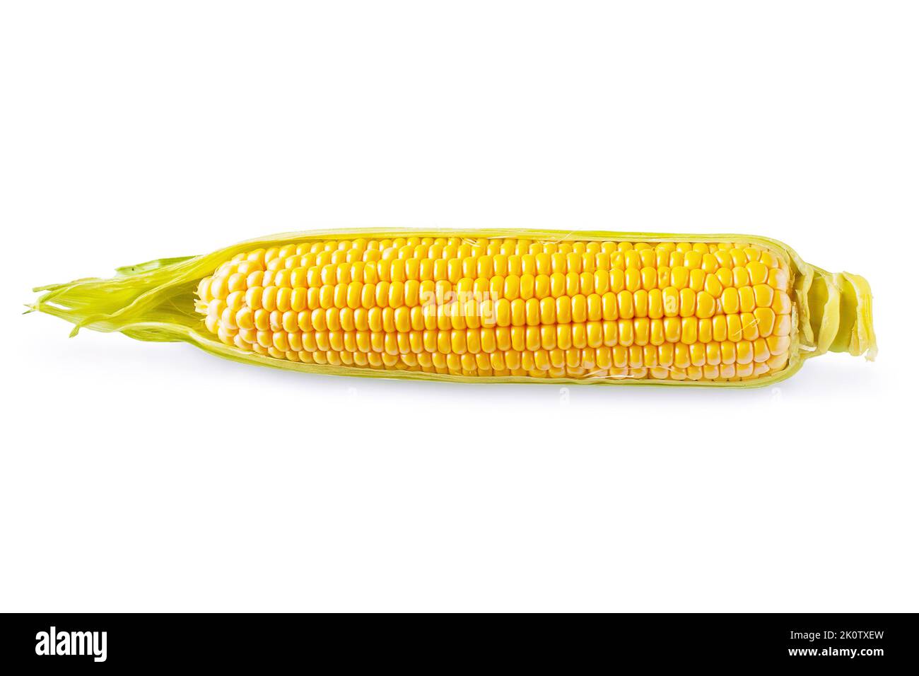 Un'spiga di mais dolce con buccia isolata su fondo bianco Foto Stock
