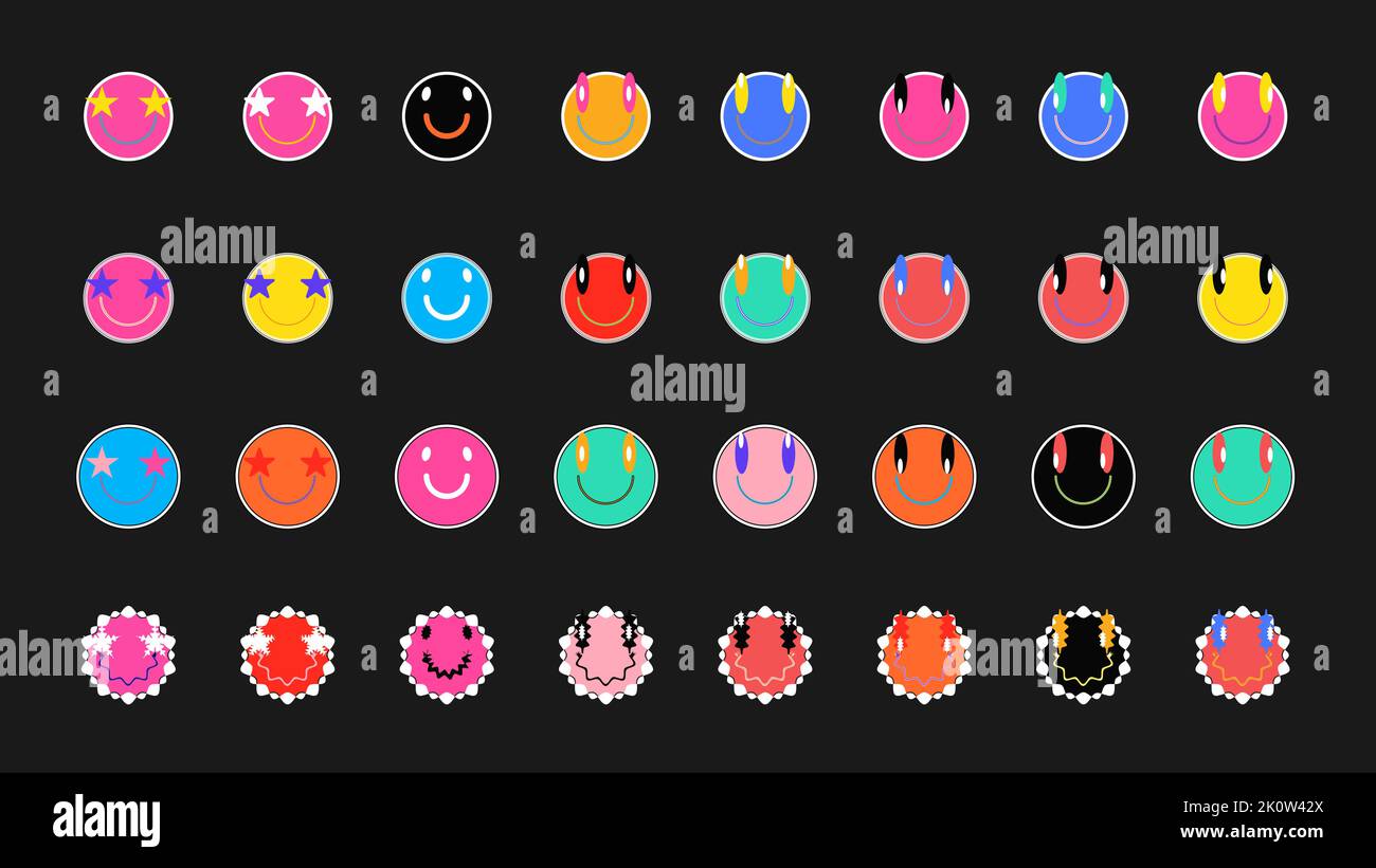 Adesivi retrò alla moda con volti sorridenti, cartoni fumetti. Illustrazione Vettoriale