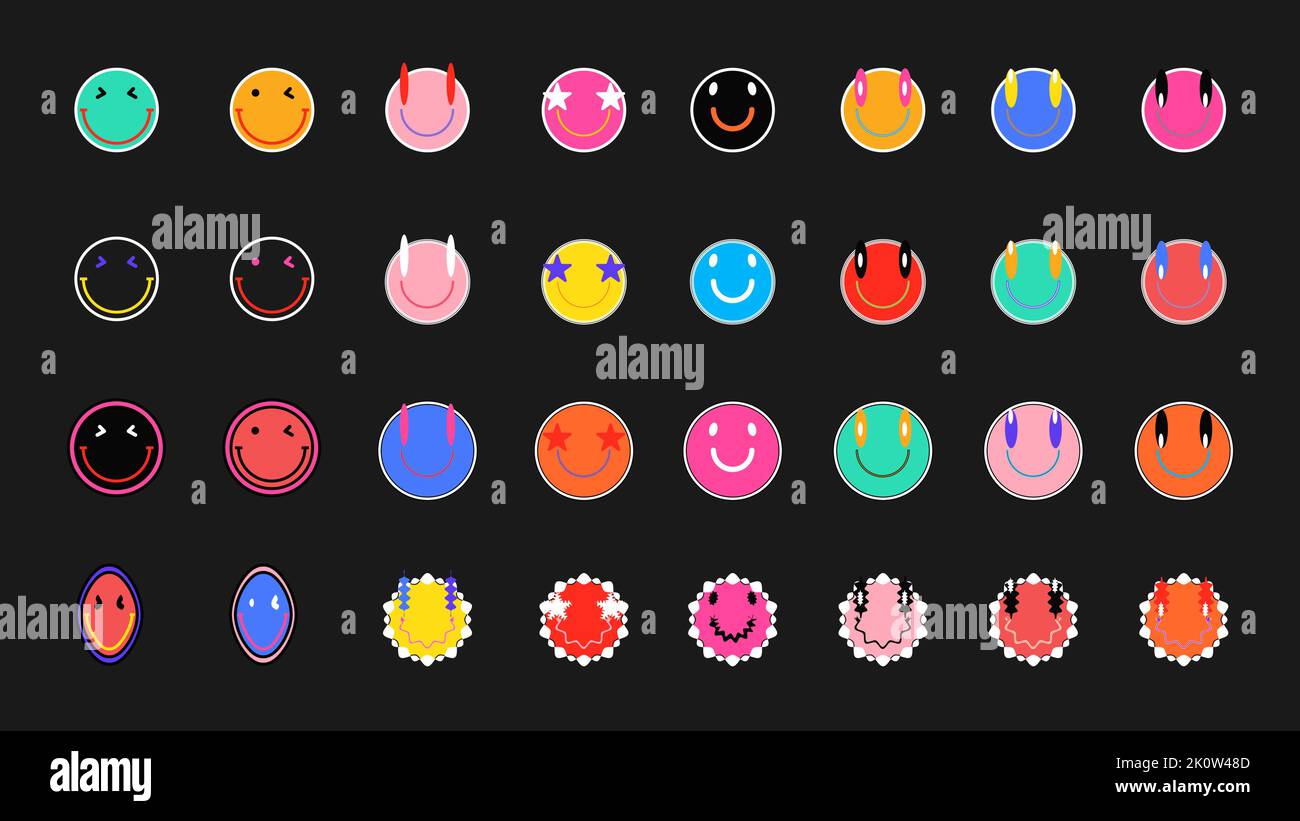 Set di adesivi disegnati a mano alla moda. Emoticon acide Happy Smile Illustrazione Vettoriale