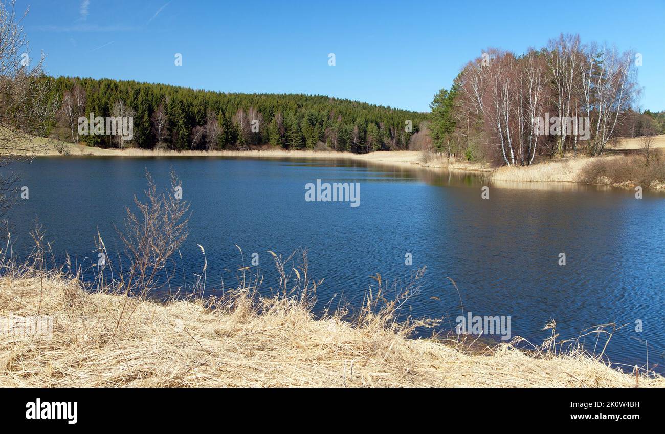 Vista autunnale del laghetto, Boemia e Moravia, Repubblica Ceca Foto Stock