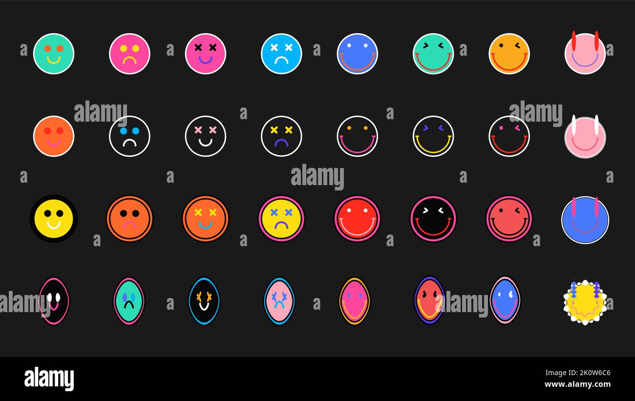 Motivo senza cuciture con Y2K adesivi retrò alla moda con volti sorridenti Illustrazione Vettoriale